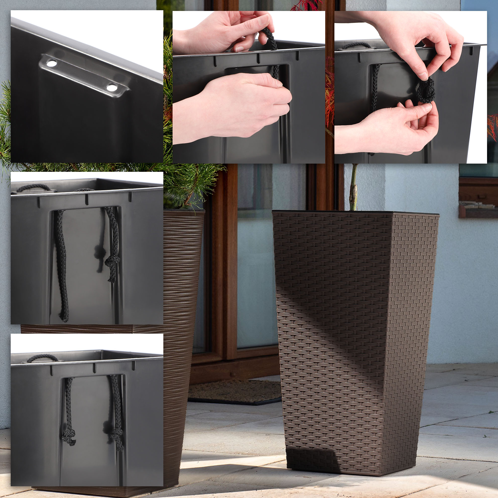 Donice na kwiaty z wkładem Pesaro rattan 19 cm + 25 cm + 30 cm, mokka