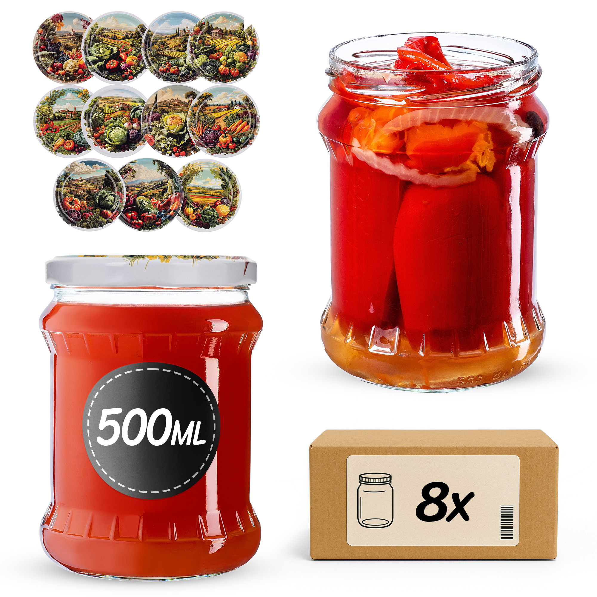 Słoiki na przetwory Kisko 500ml fi 82 mm 8szt + wieczko Warzywa mix