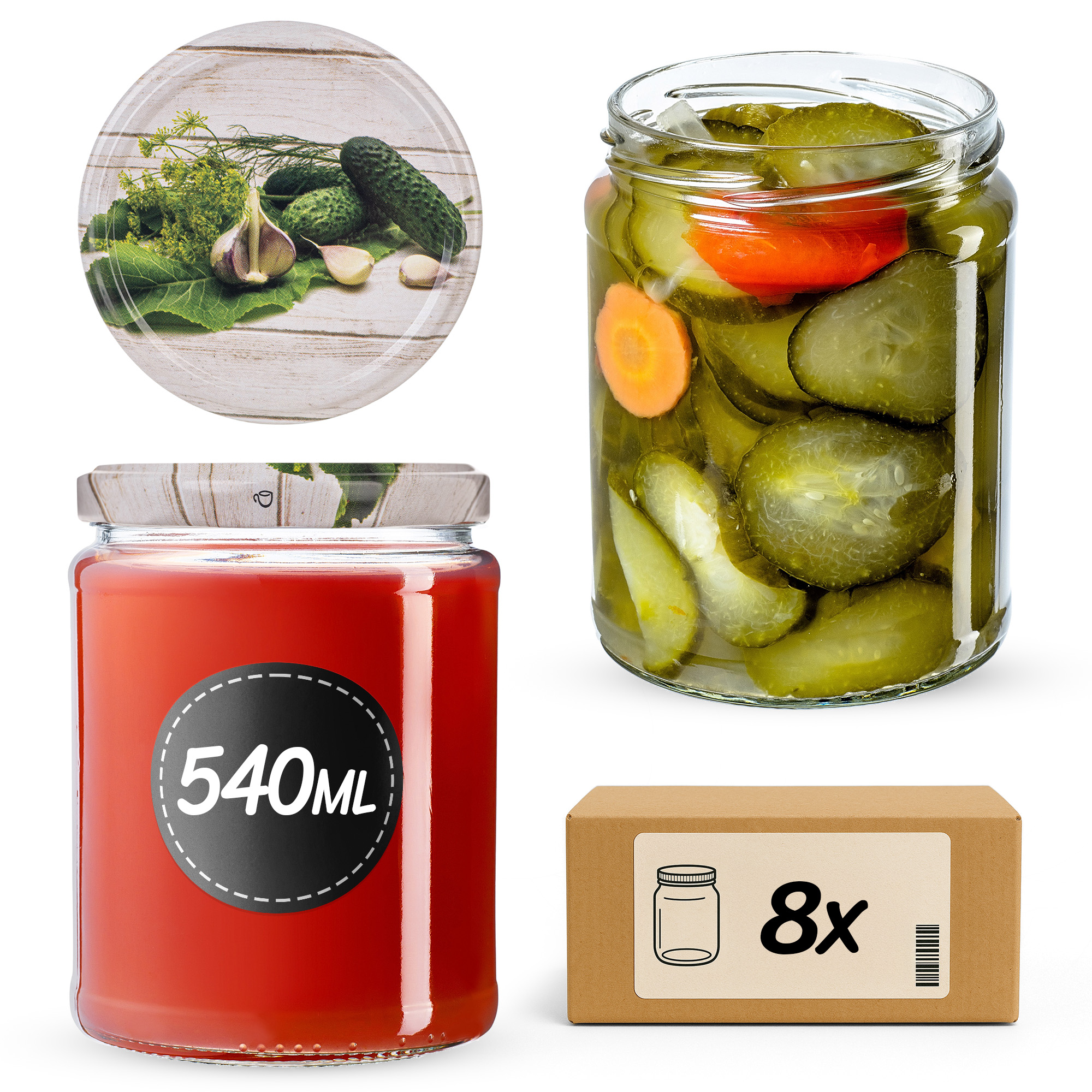 Słoiki na przetwory Maki 540ml fi 82 mm 8szt + wieczko Ogórek