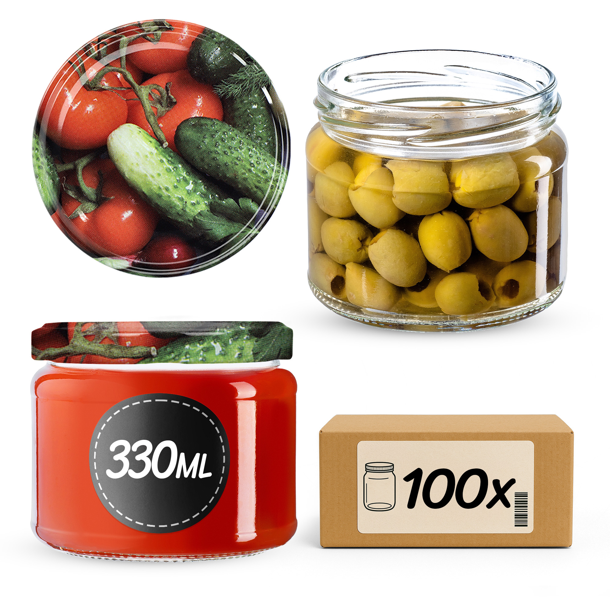 Słoiki na przetwory Sonka 330ml 100szt fi 82 mm + wieczka "Warzywa"