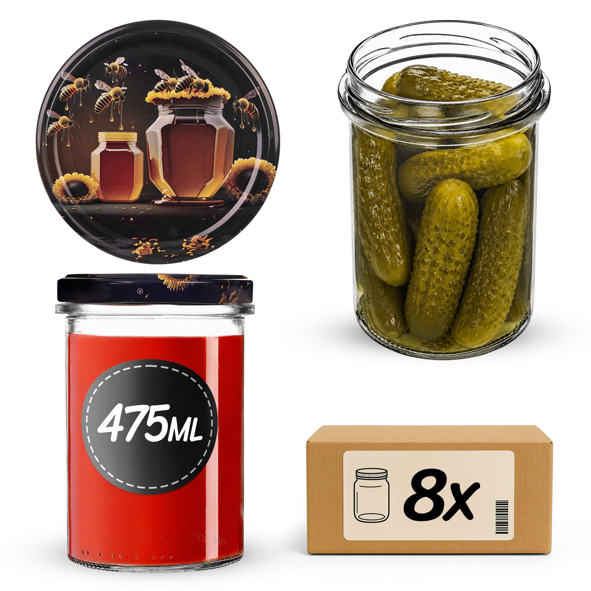Słoiki na przetwory Befa 475ml 8szt fi 82 mm + wieczka "Miód czarny"