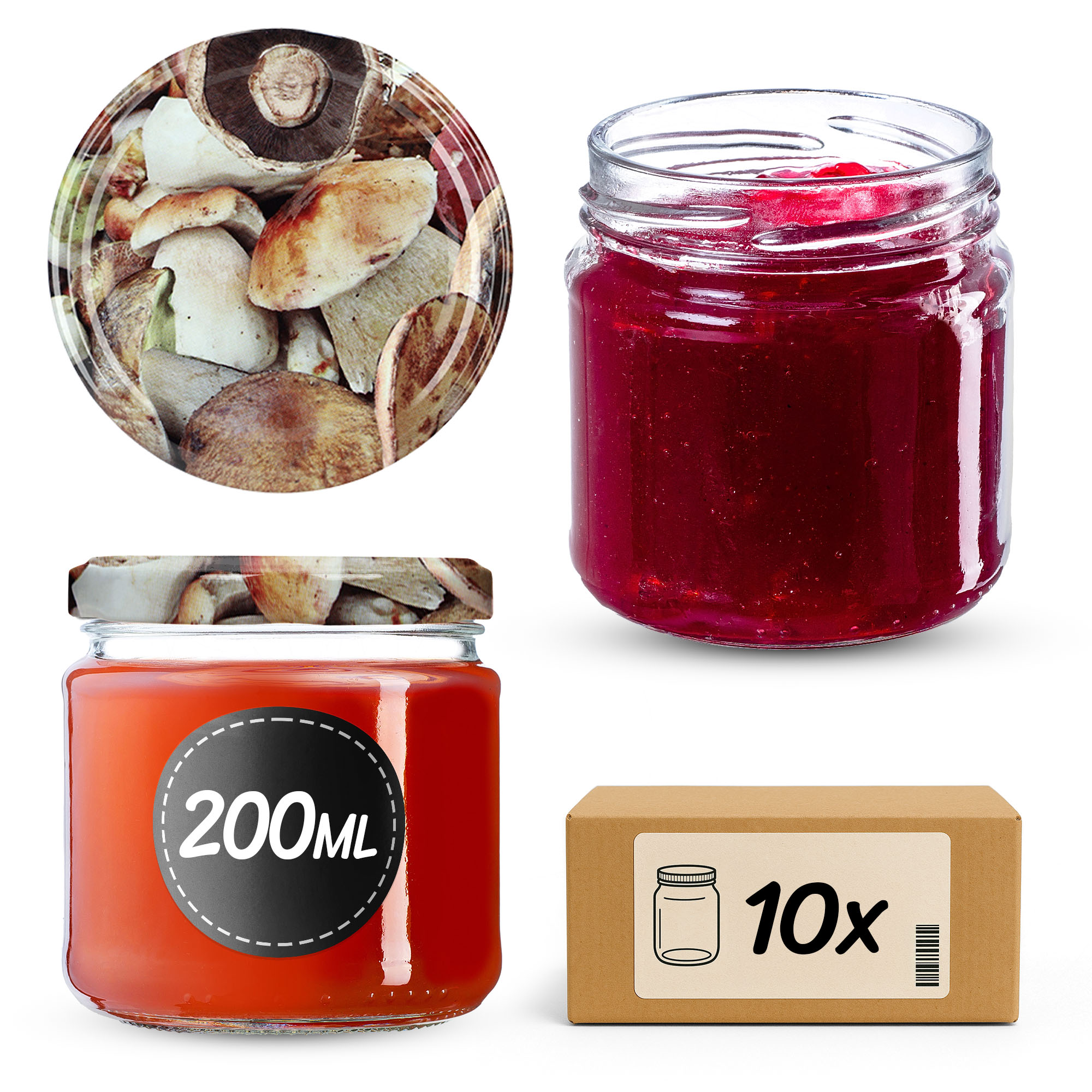 Słoiki na przetwory Lerma 200ml 10szt fi 66 mm + wieczka "Grzyby"
