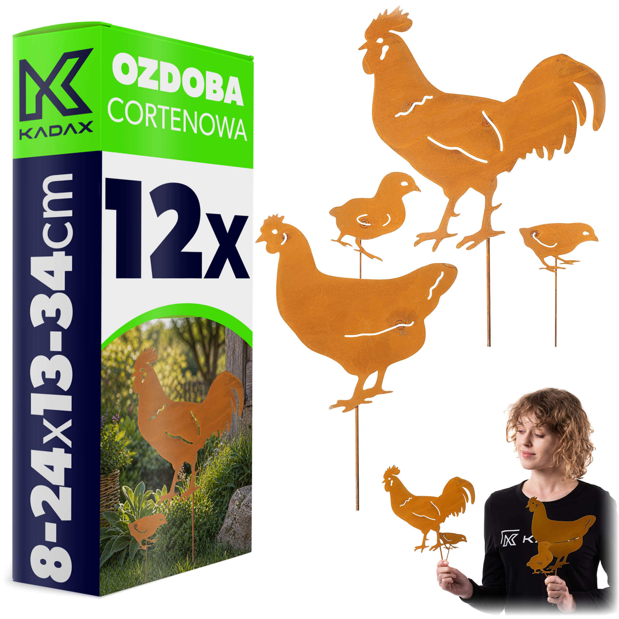 Ozdoba ogrodowa ze stali corten Laborde kury 8-24 x 13-34 cm 12 szt.