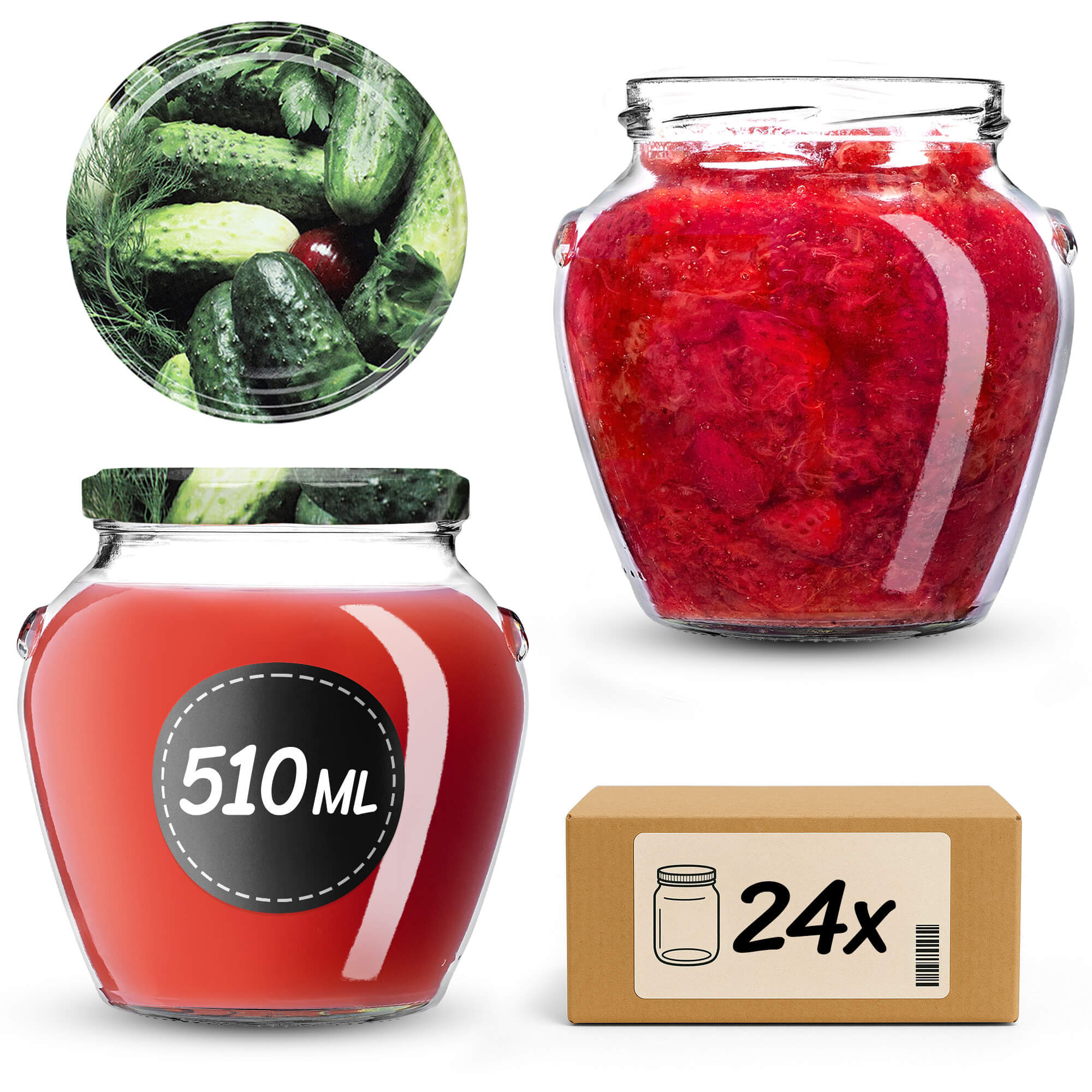 Słoiki na przetwory Sassa 580ml 24szt fi 82 mm + wieczka "Ogórki"