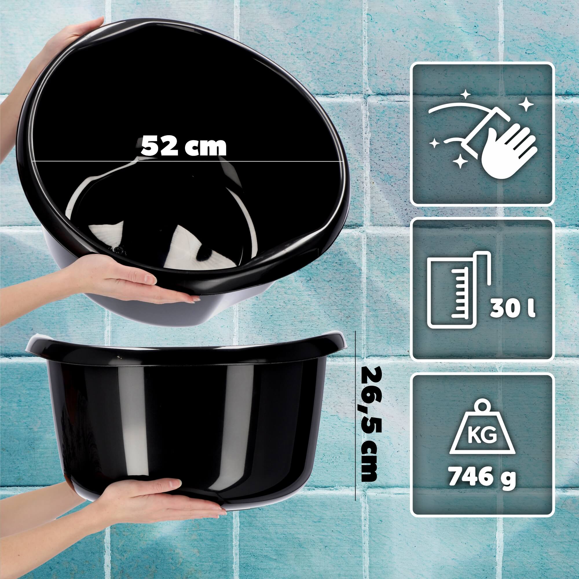 Miednica plastikowa z uchwytami 30L, czarna