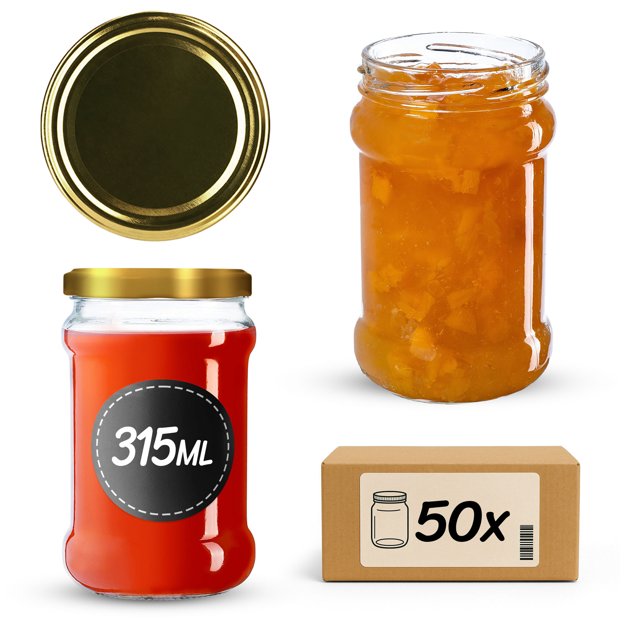 Słoiki na przetwory Seno 315ml 50szt fi 66 mm + wieczka złote