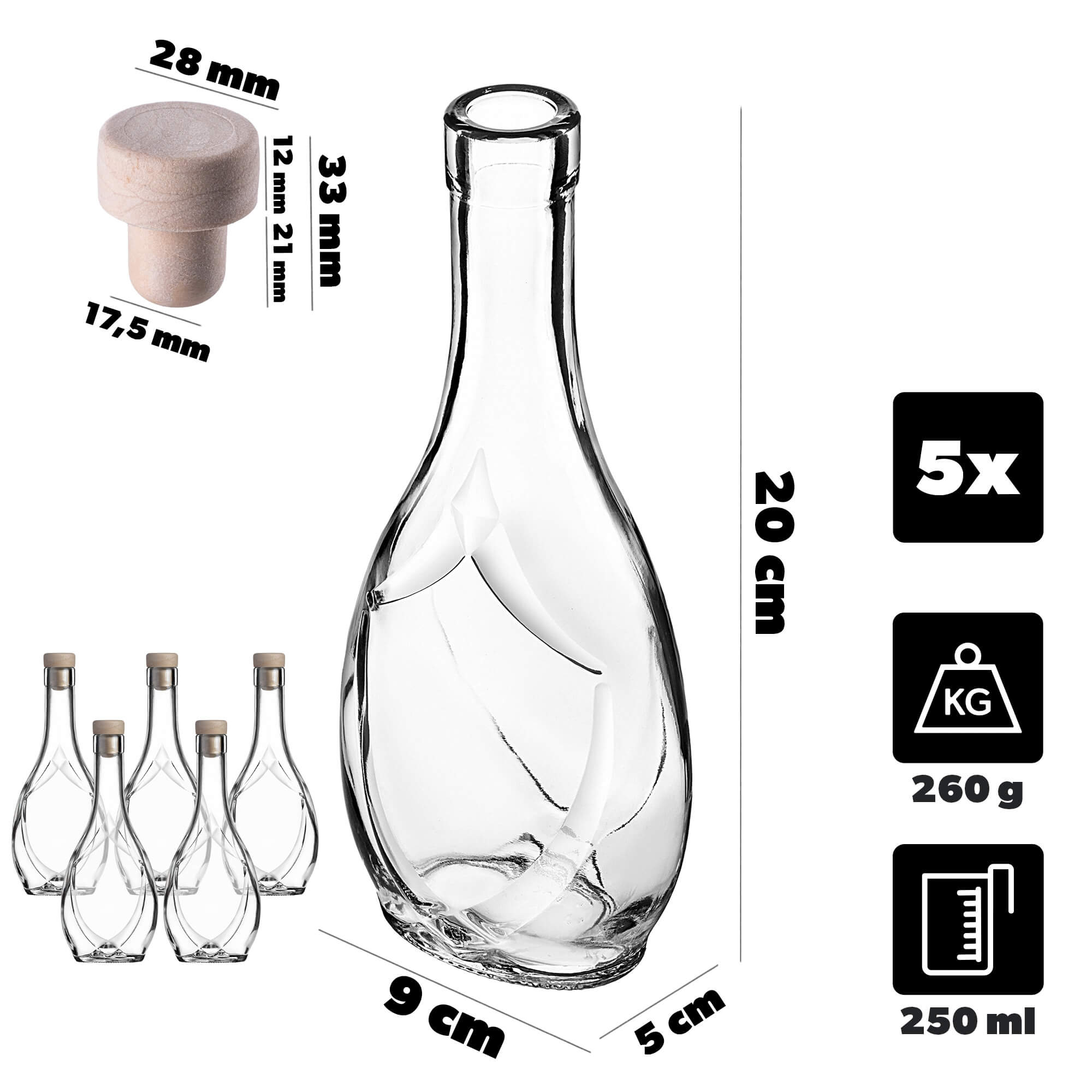 Szklana butelka na nalewkę Icona 250ml z korkiem syntetycznym 5 szt.
