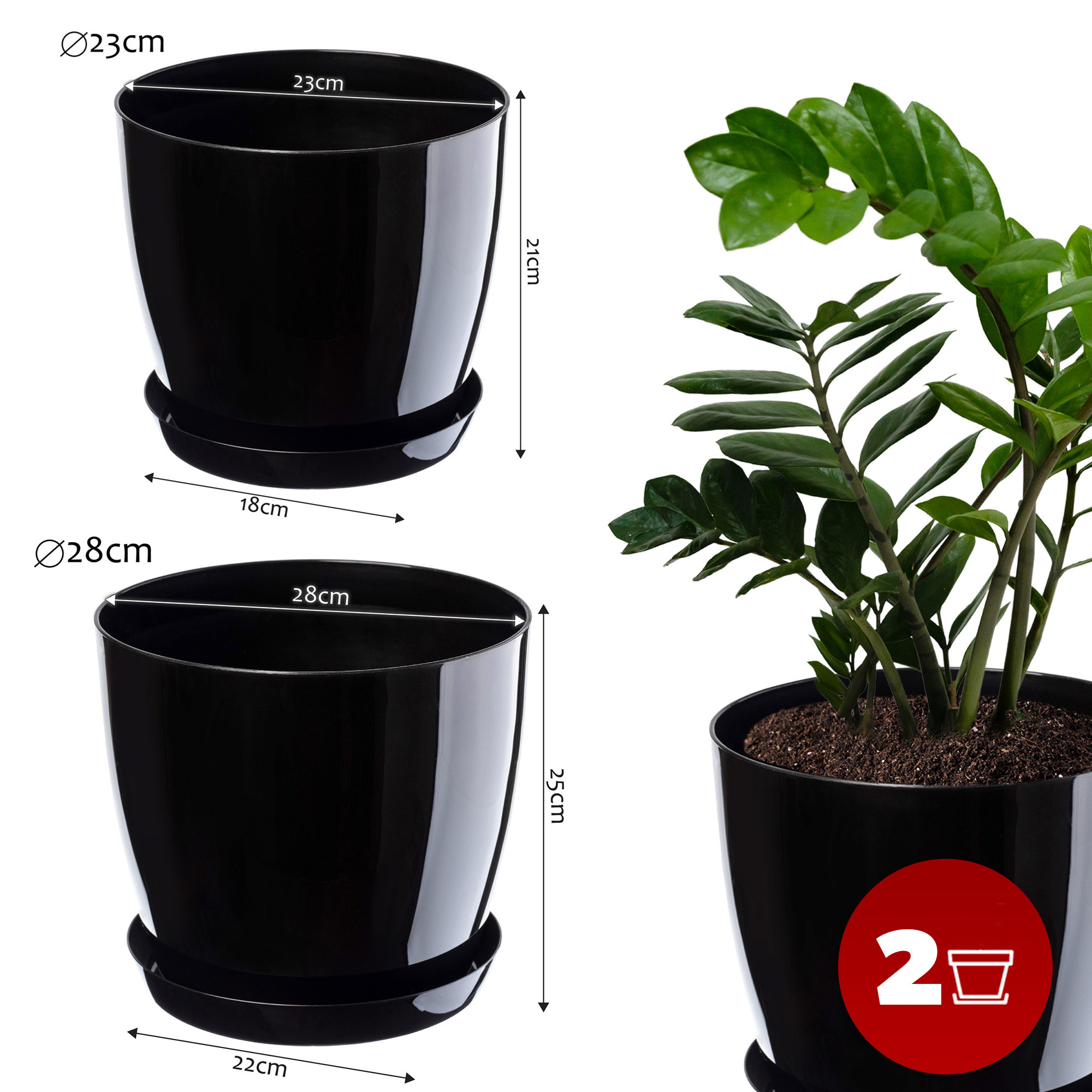 Doniczka na kwiaty z podstawką czarne 23 cm + 28 cm, 2 szt.