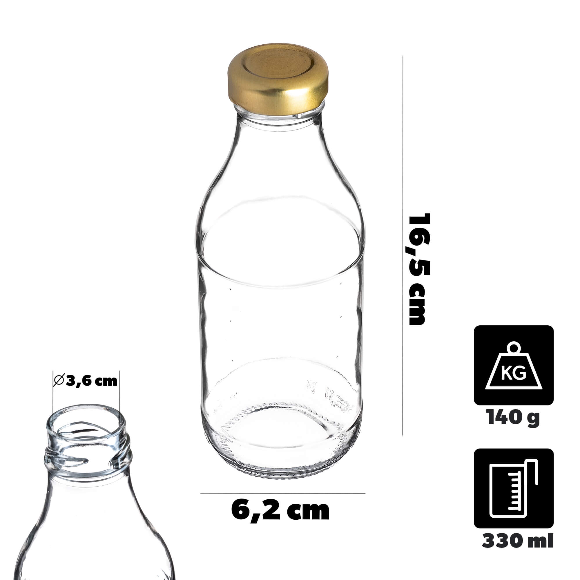 Szklana butelka na sok Potelle 0.33L z czarną zakrętką 10 szt.