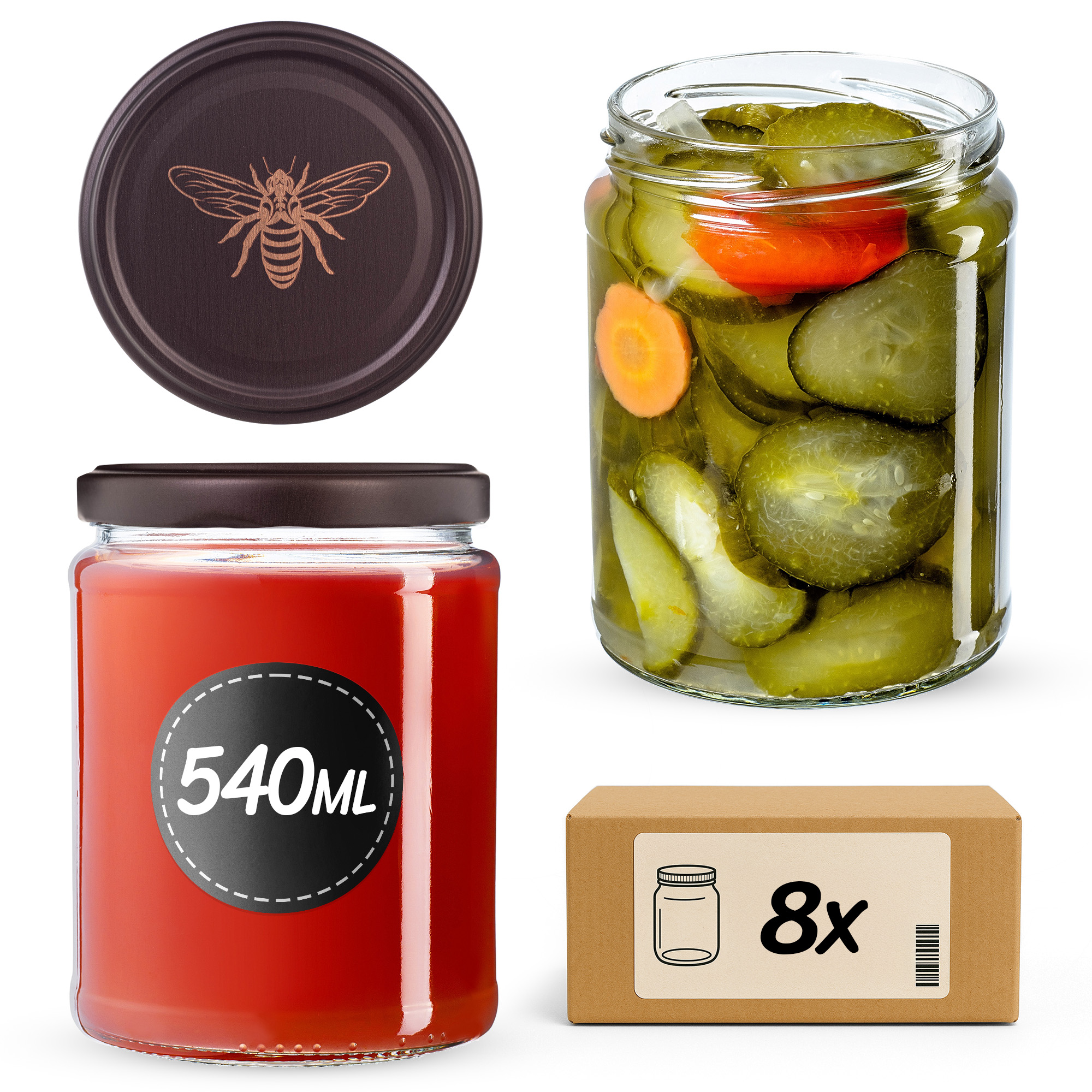 Słoiki na przetwory Maki 540ml fi 82 mm 8szt + wieczko Pszczoła