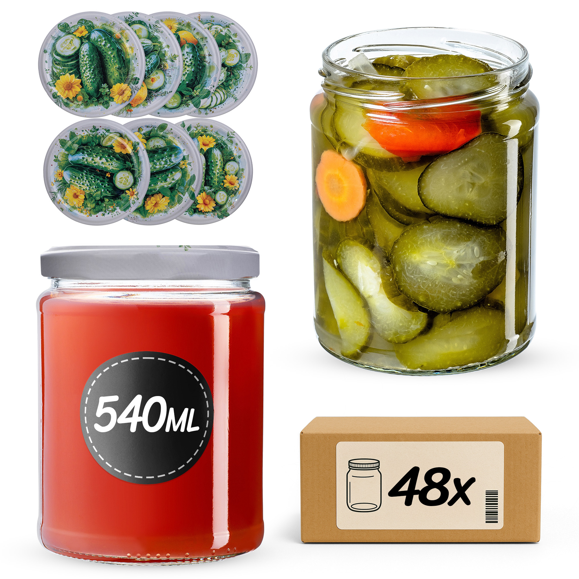 Słoiki na przetwory Maki 540ml fi 82 mm 48szt + wieczko Kompozycja ogórkowa