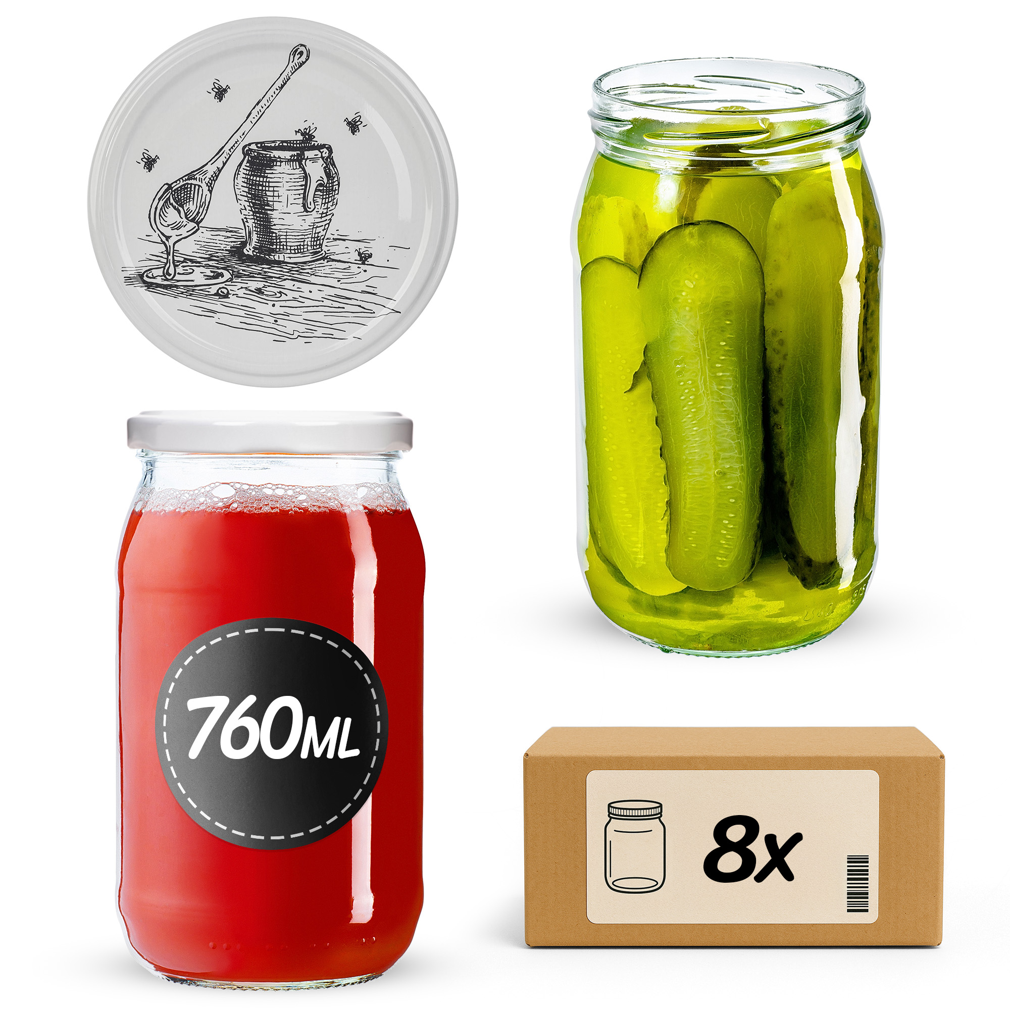 Słoiki na przetwory Niva 760ml fi 82 mm 8szt + wieczko Pszczoła