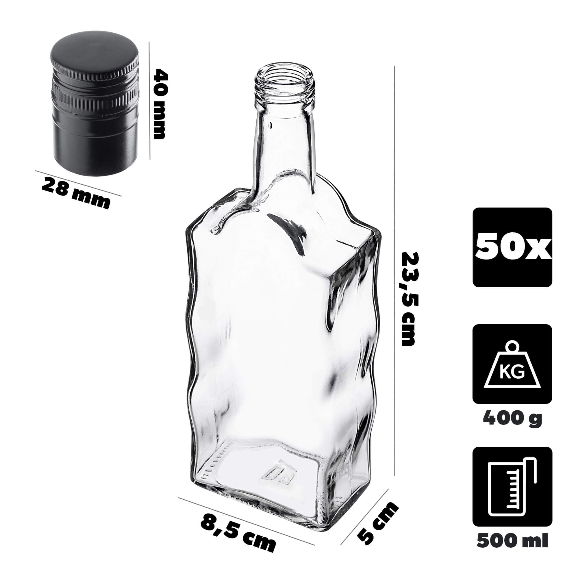 Szklana butelka na nalewkę Fala 500ml z długą czarną zakrętką 50 szt.