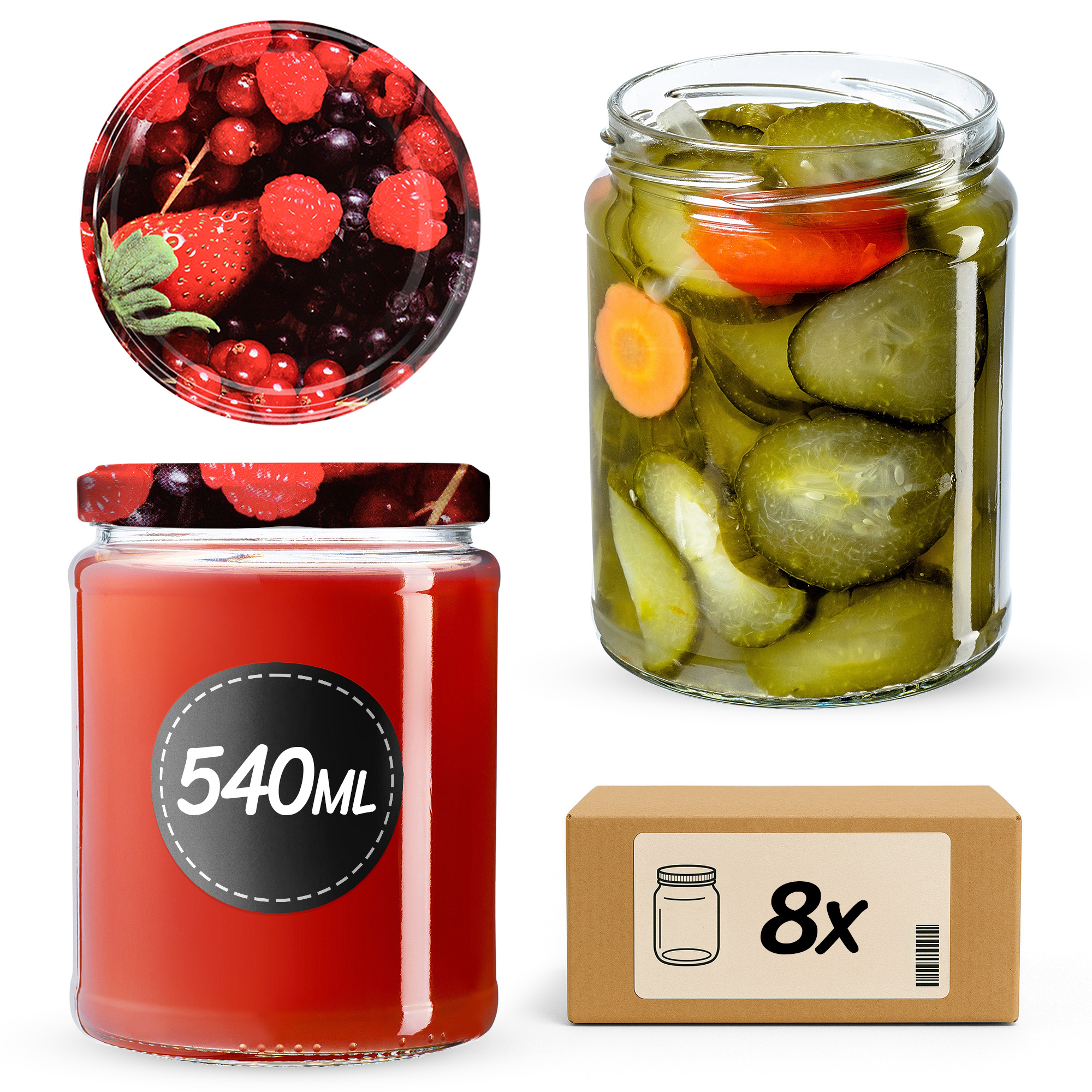 Słoiki na przetwory Maki 540ml 8szt fi 82 mm + wieczka "Owoce leśne"