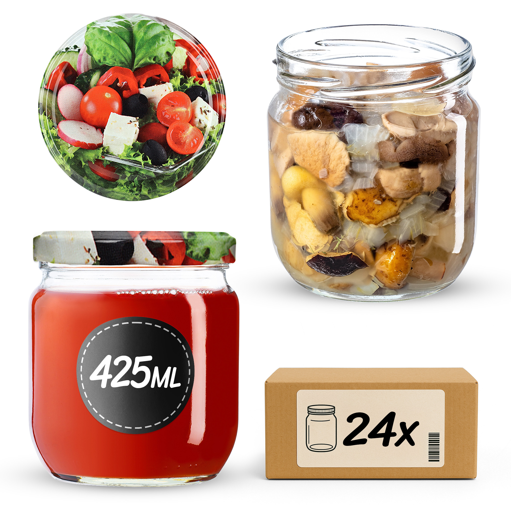Słoiki na przetwory Salla 425ml 24szt fi 82 mm + wieczka "Mix warzyw"
