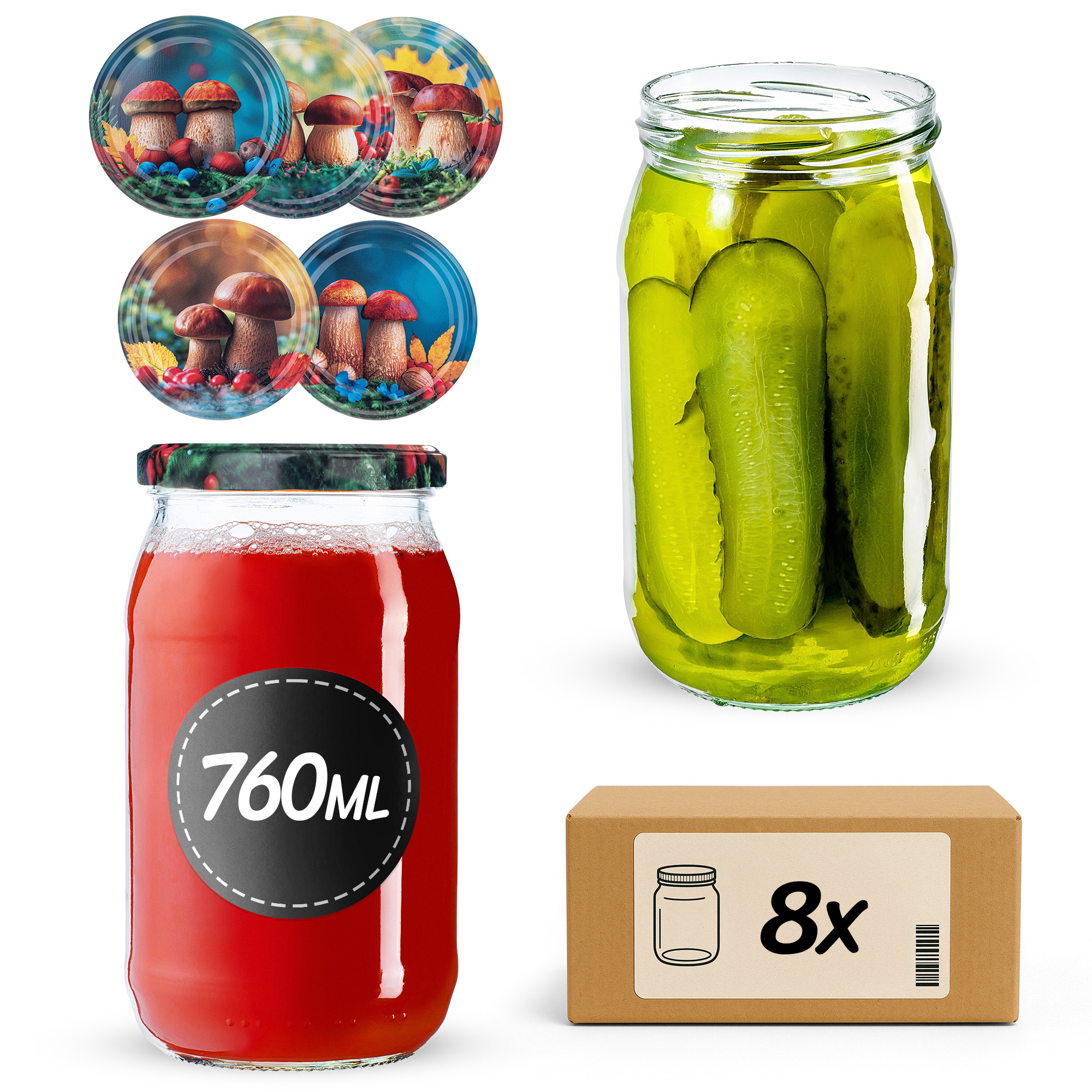 Słoiki na przetwory Niva 760ml fi 82 mm 8szt + wieczko Grzyb polski
