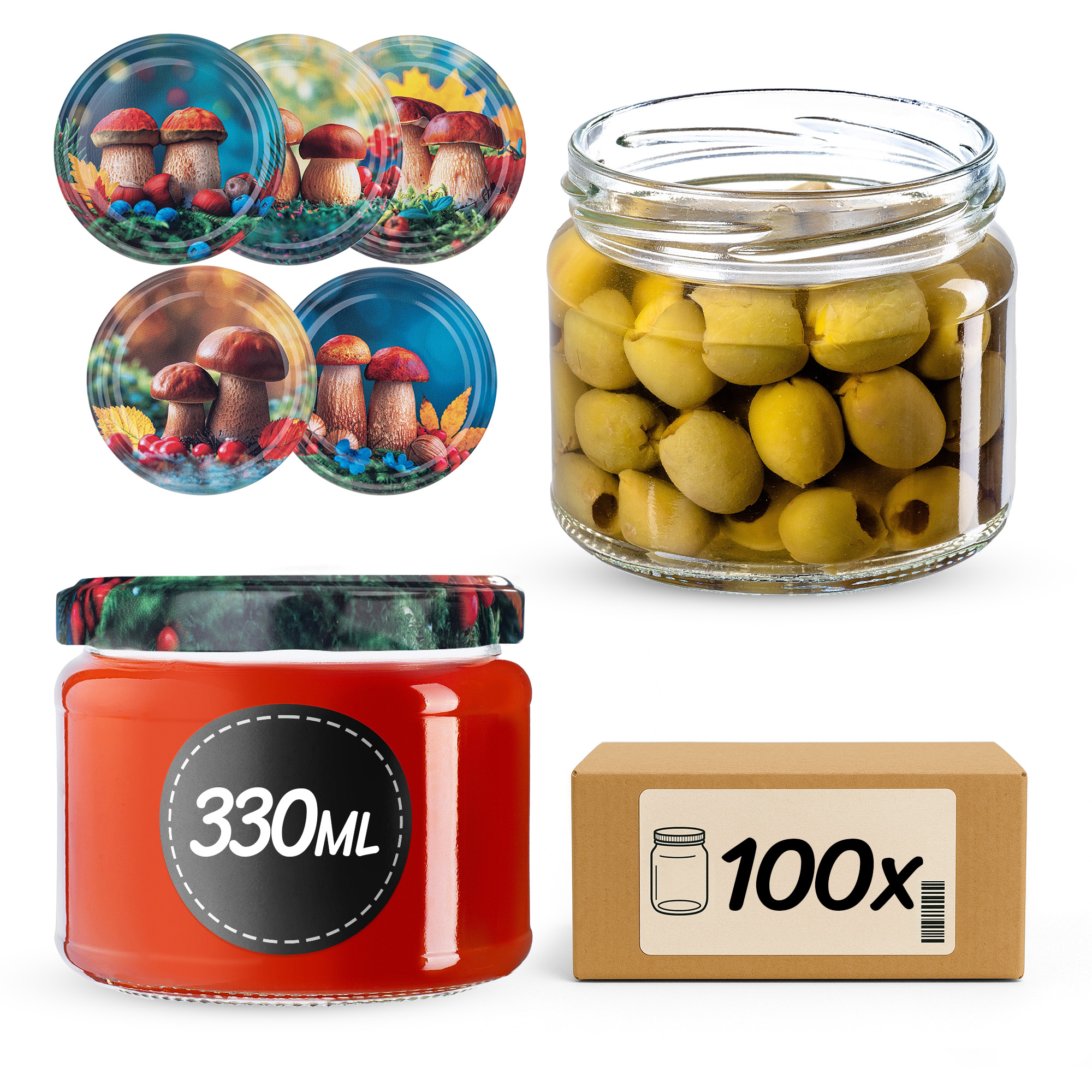 Słoiki na przetwory Sonka 330ml fi 82 mm 100szt + wieczko Grzyb polski