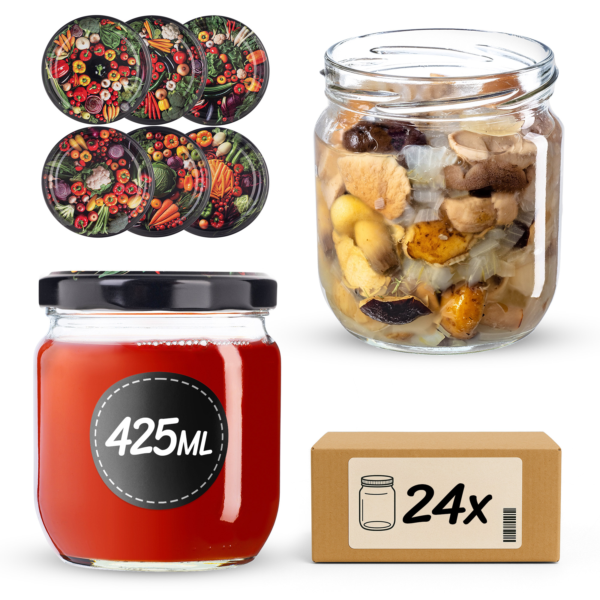 Słoiki na przetwory Salla 425ml fi 82 mm 24szt + wieczko Warzywa mix