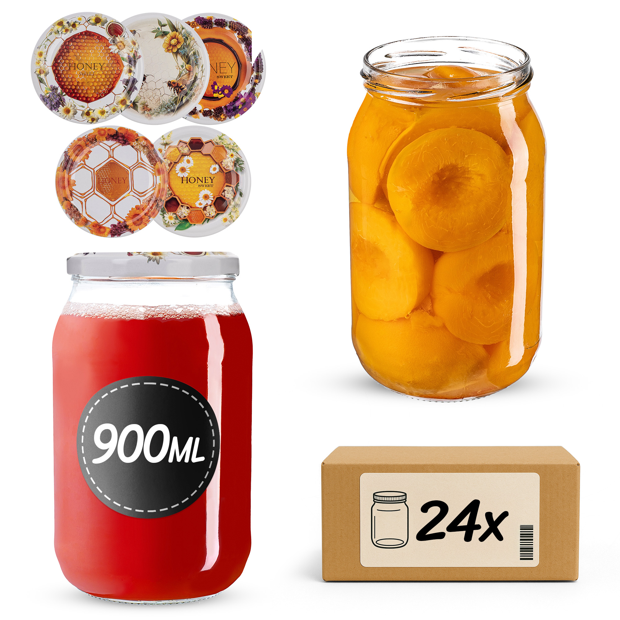 Słoiki na przetwory Simo 900ml fi 82 mm 24szt + wieczko Miodowy mix
