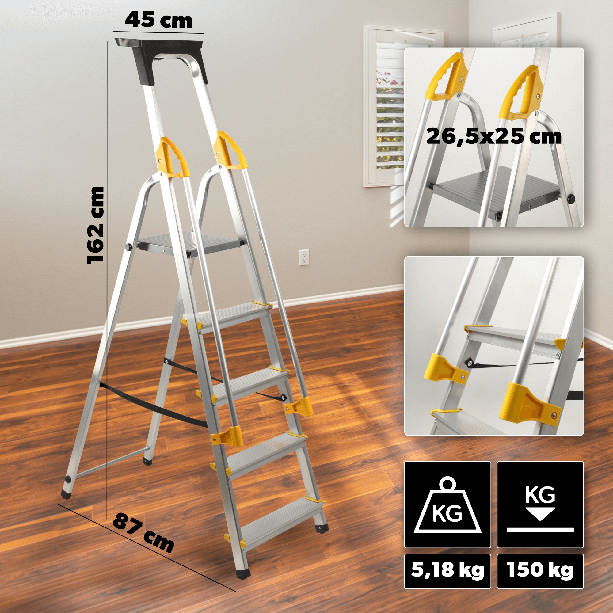 Drabina aluminiowa z podestem Bykle, 5 stopni, 150 kg
