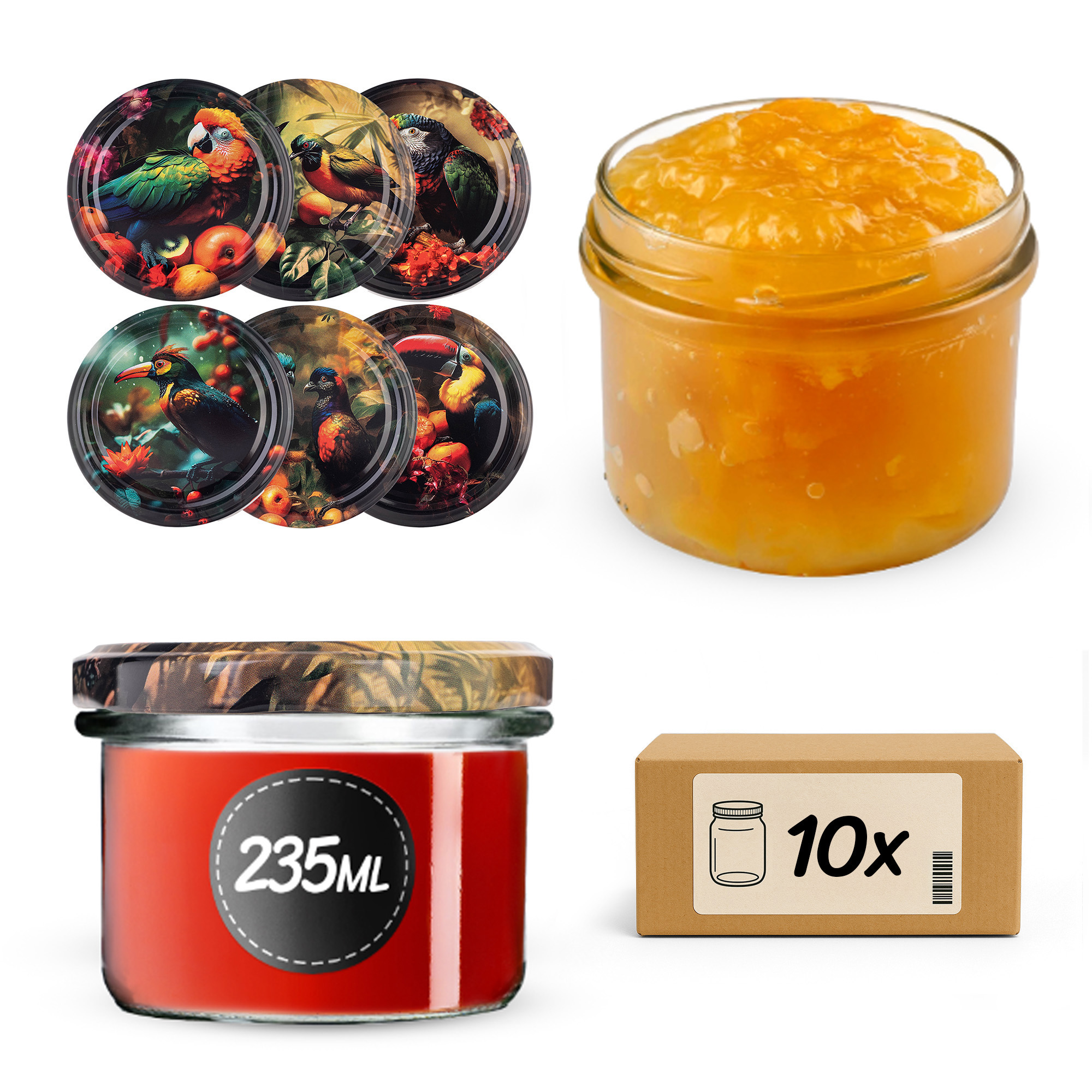 Słoiki na przetwory Tartu 235ml fi 82 mm 10szt + wieczko Ptaki