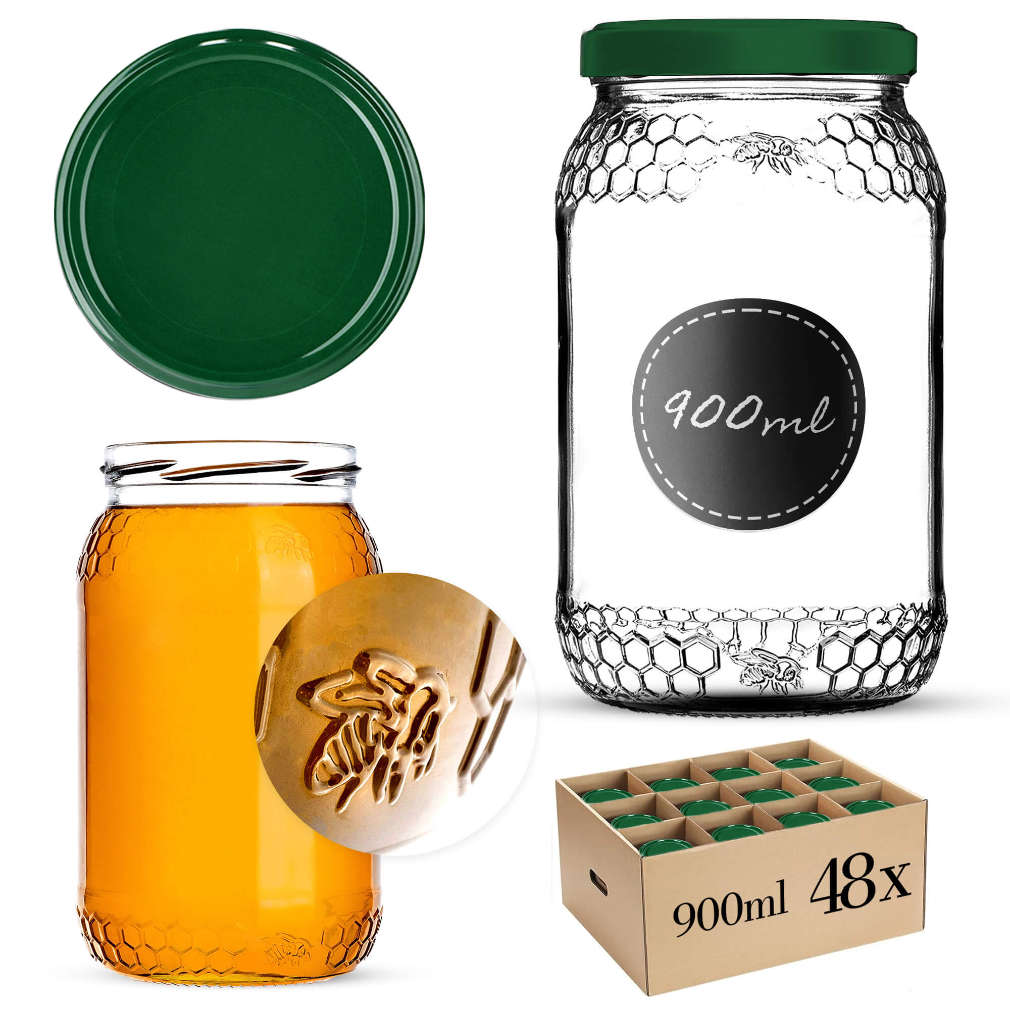 Szklany słój Lierde 900ml fi 82 mm 48 szt. + wieczka zielone