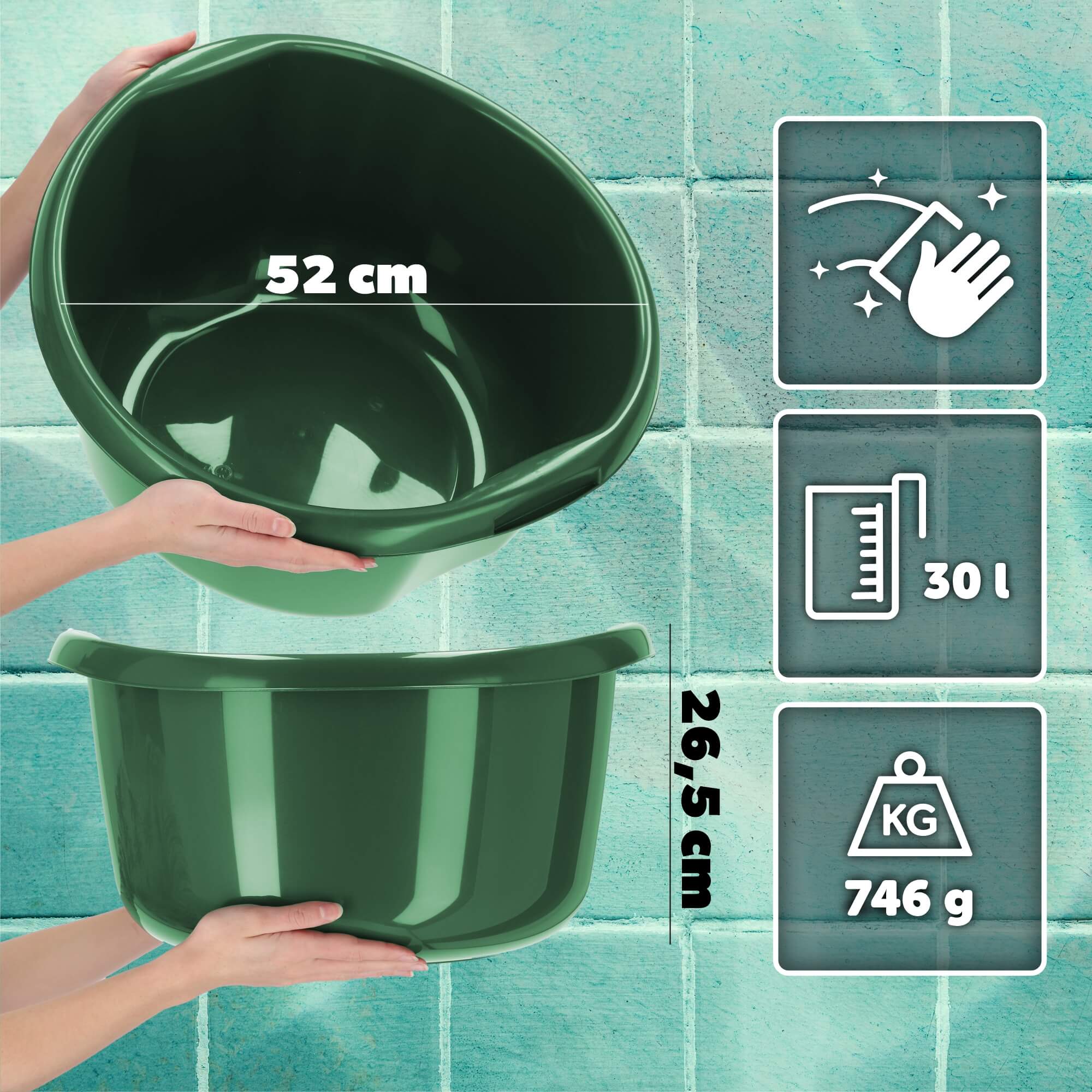 Miednica plastikowa z uchwytami 30L, zielona