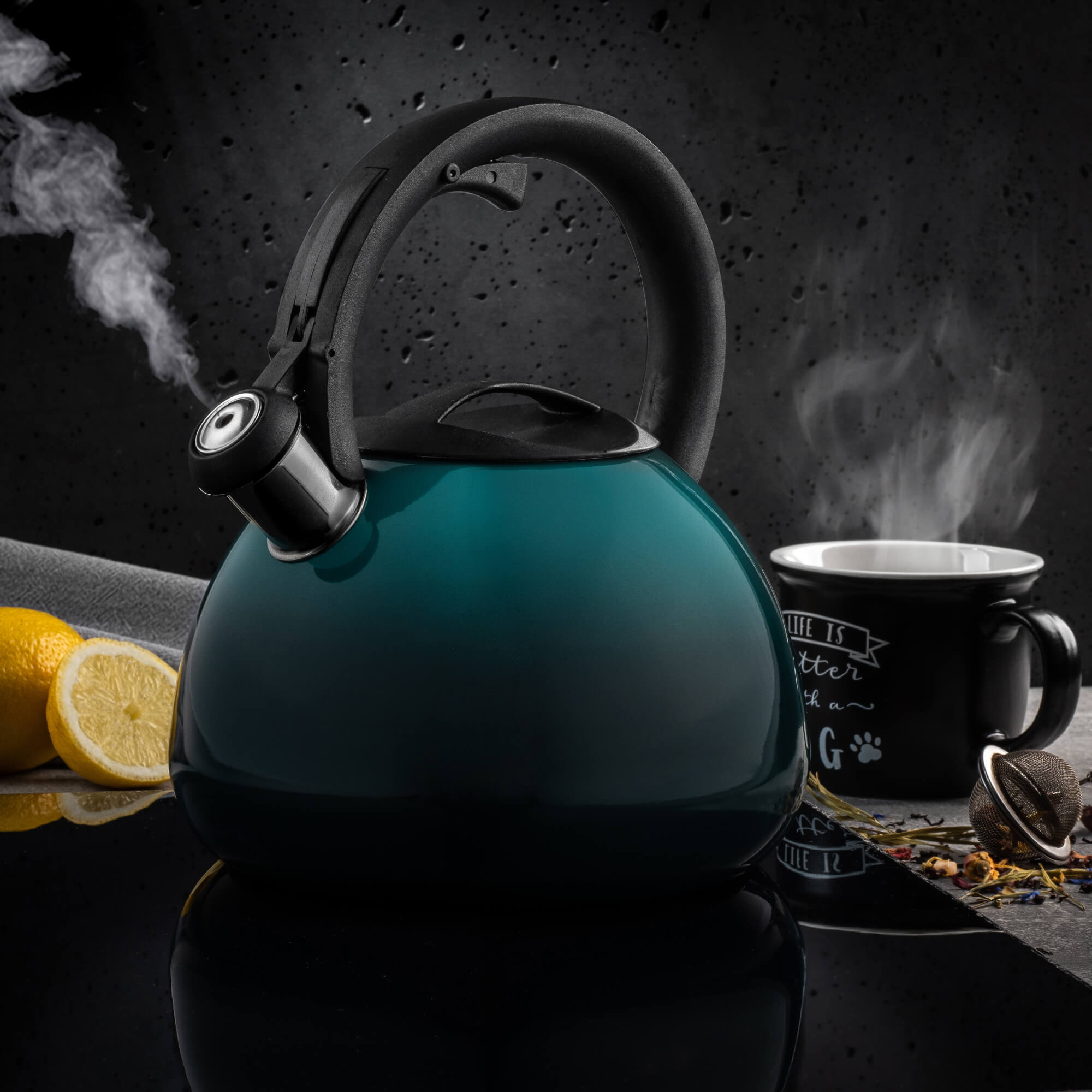 Czajnik emaliowany z gwizdkiem Mores 2.6L, turkusowy