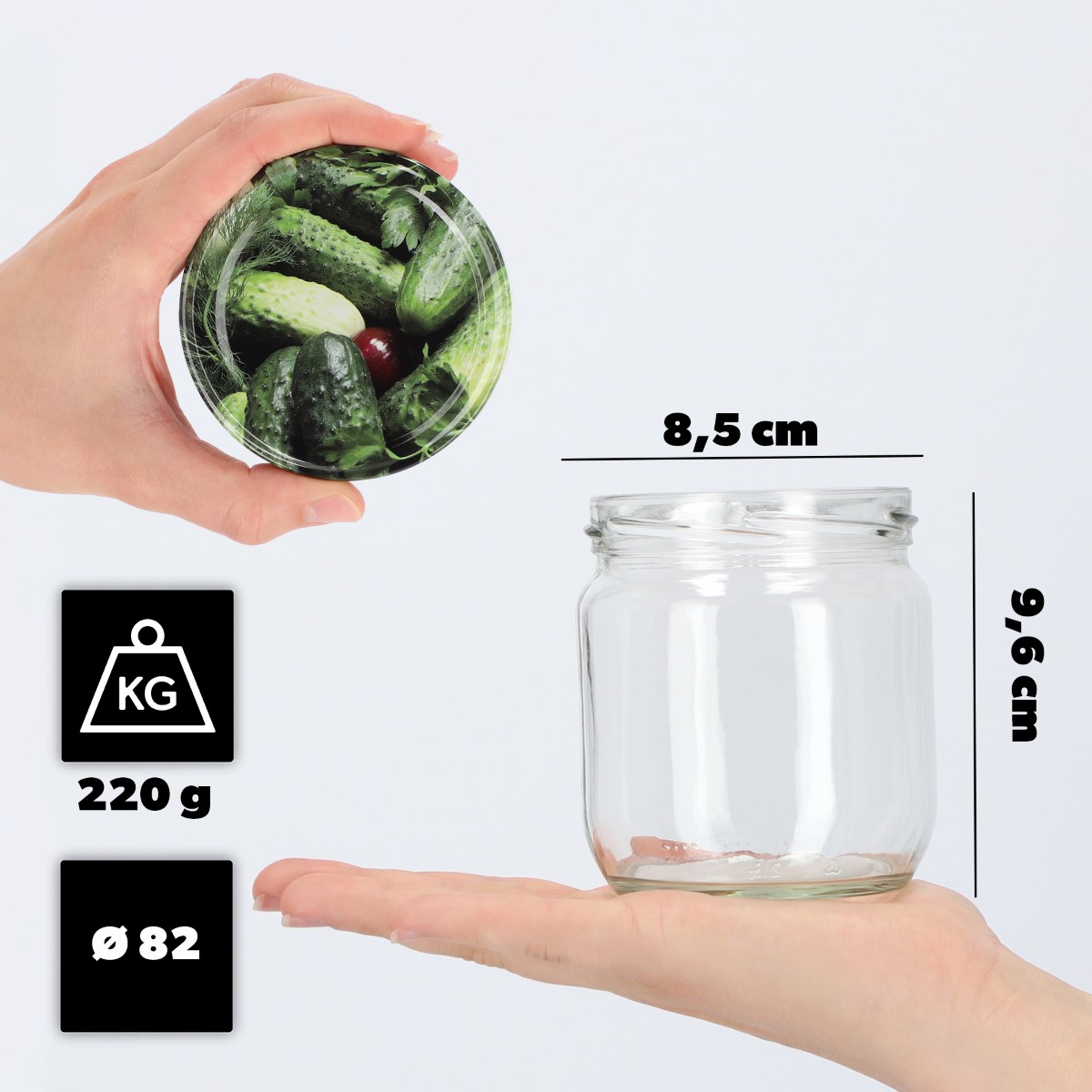 Słoiki na przetwory Salla 425ml 12szt fi 82 mm + wieczka "Ogórki"