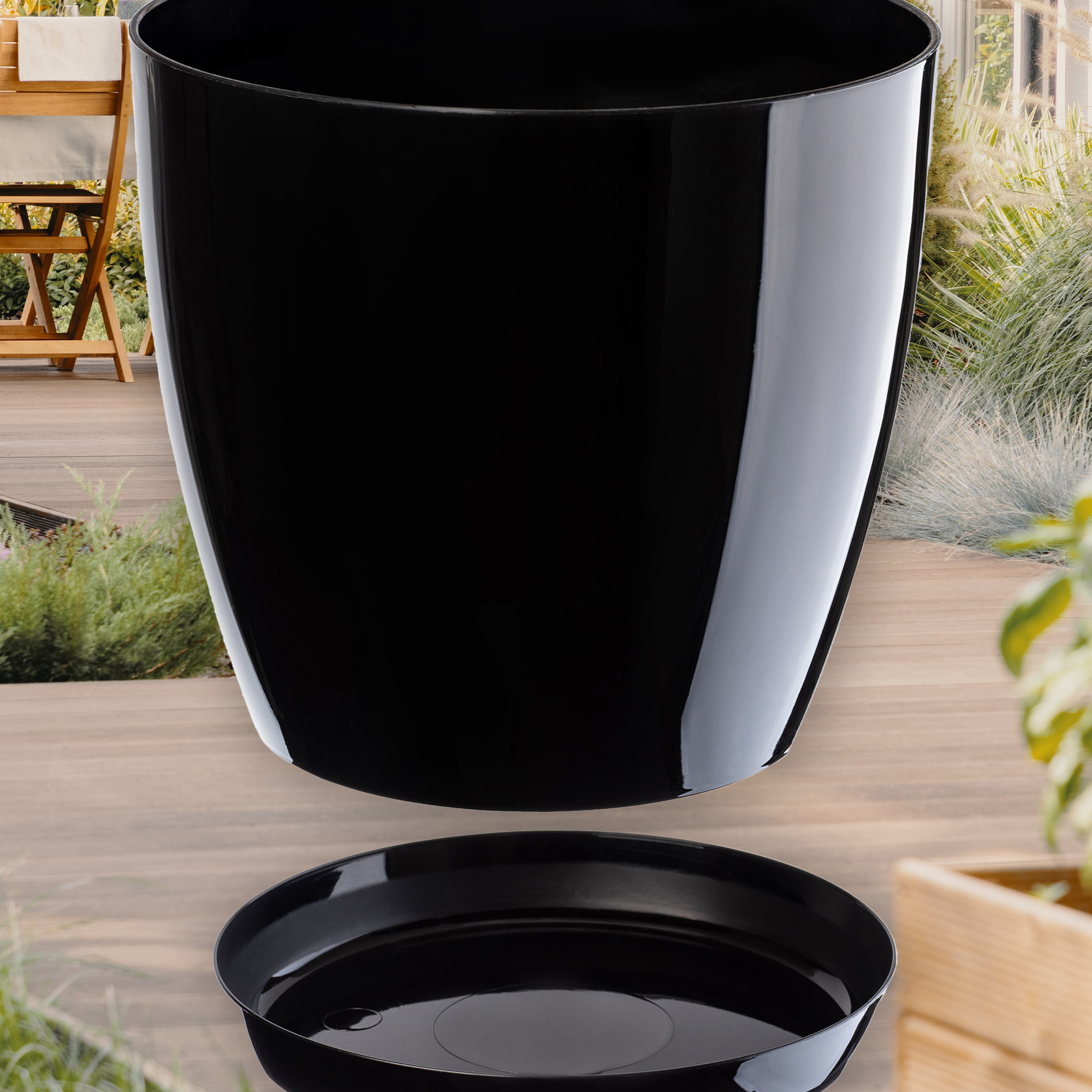 Doniczka na kwiaty z podstawką czarne 23 cm + 28 cm, 2 szt.