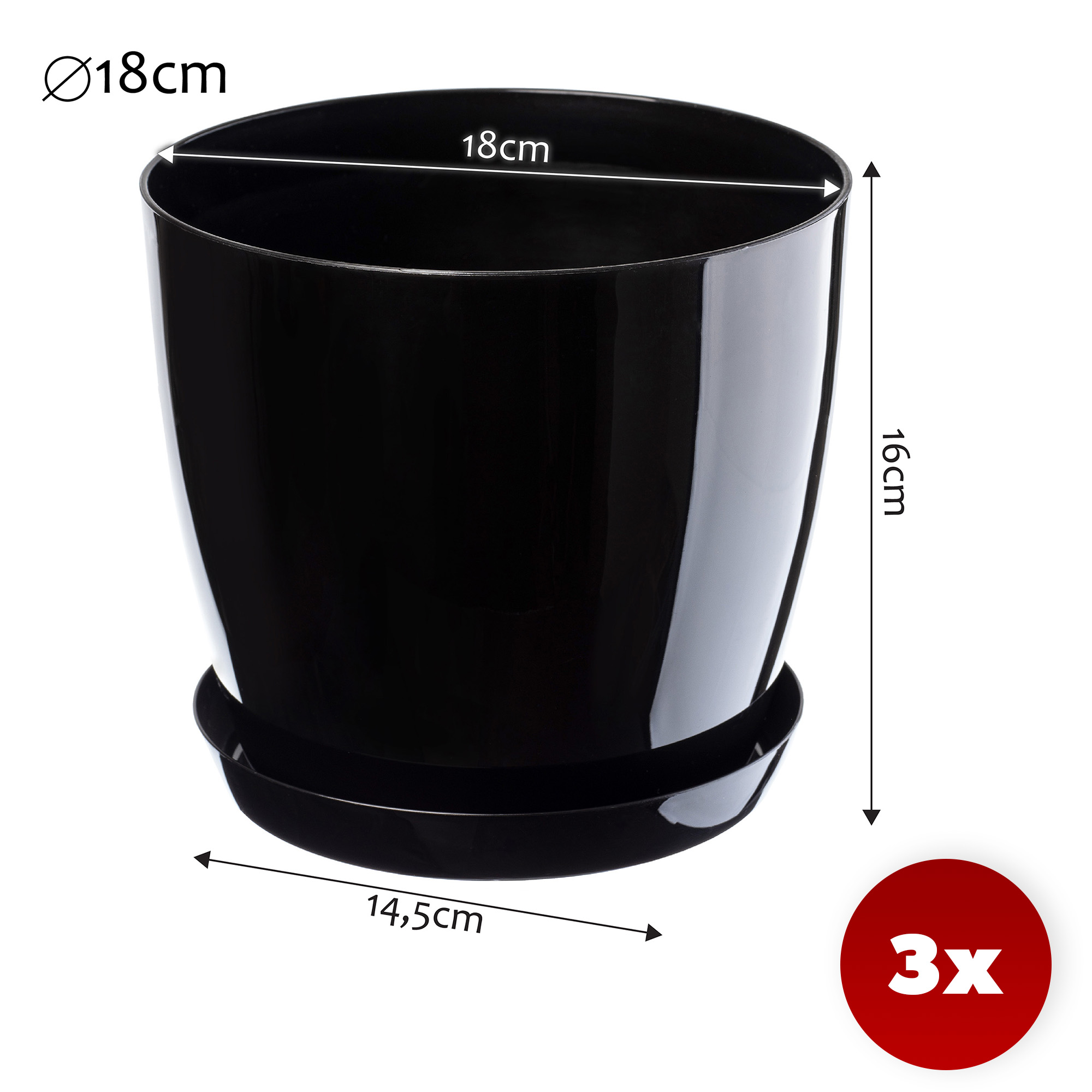 Doniczka Agen z podstawką czarna 18 cm, 3 szt.