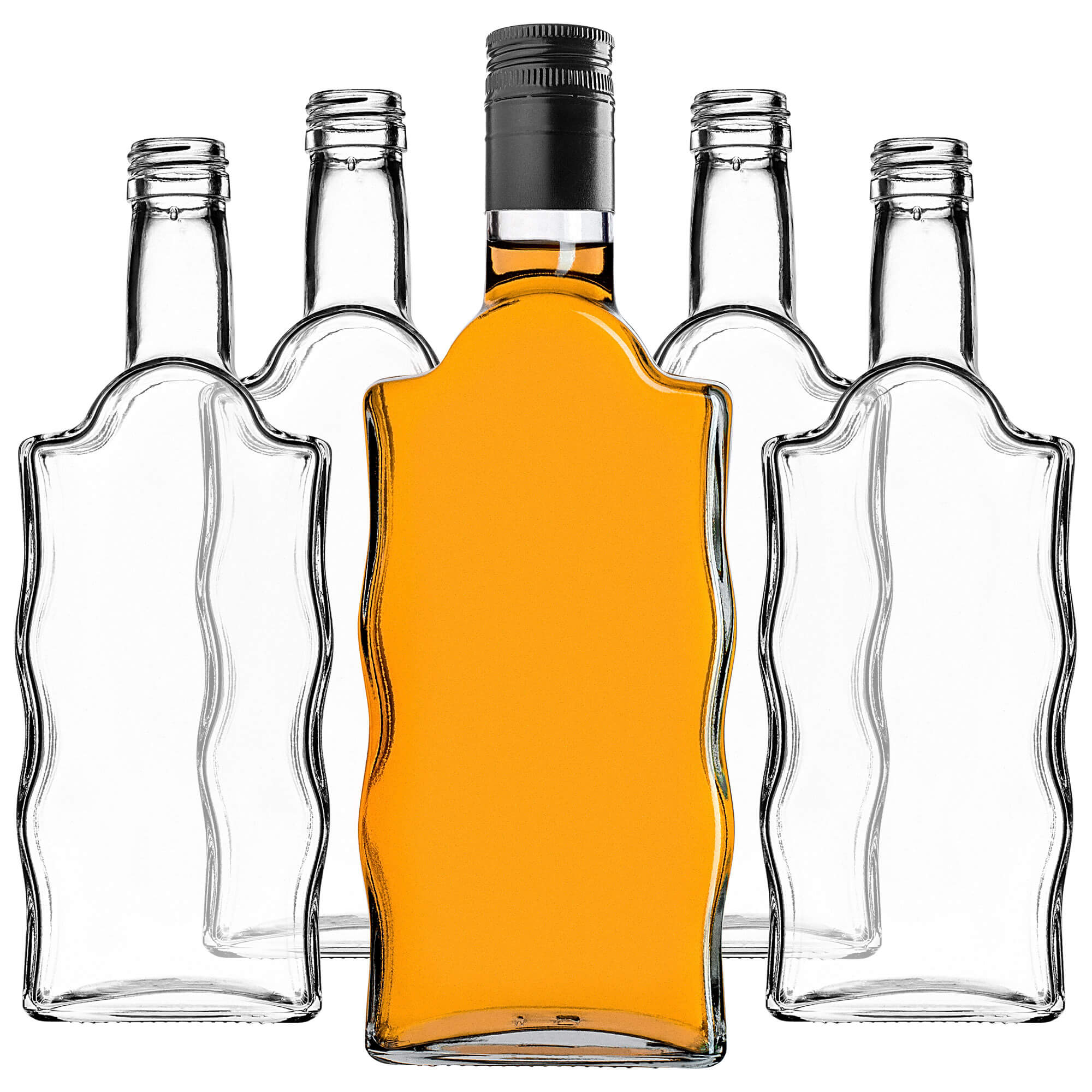 Szklana butelka na nalewkę Fala 500ml z długą czarną zakrętką 50 szt.