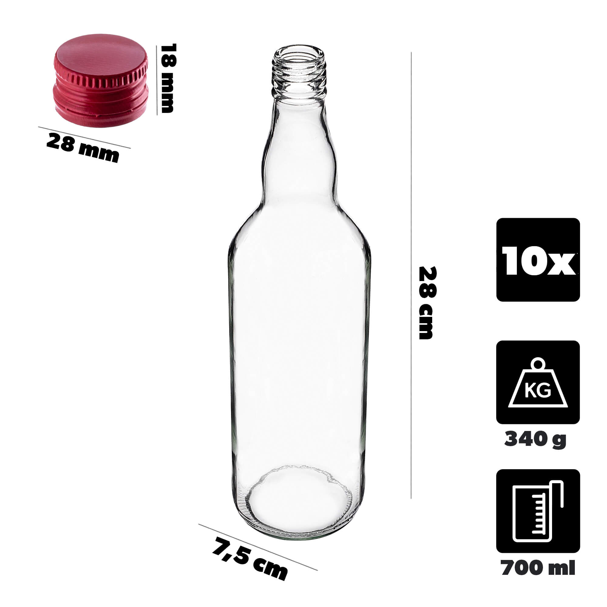 Szklana butelka Monopol 700ml z czerwoną zakrętką 10 szt.