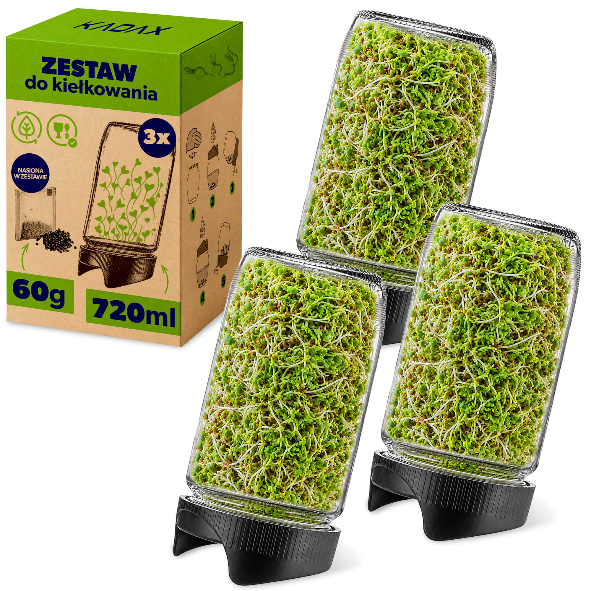 Słój z kiełkownicą Lanavan 720ml 3 szt. + kiełki rzodkiewki 60g