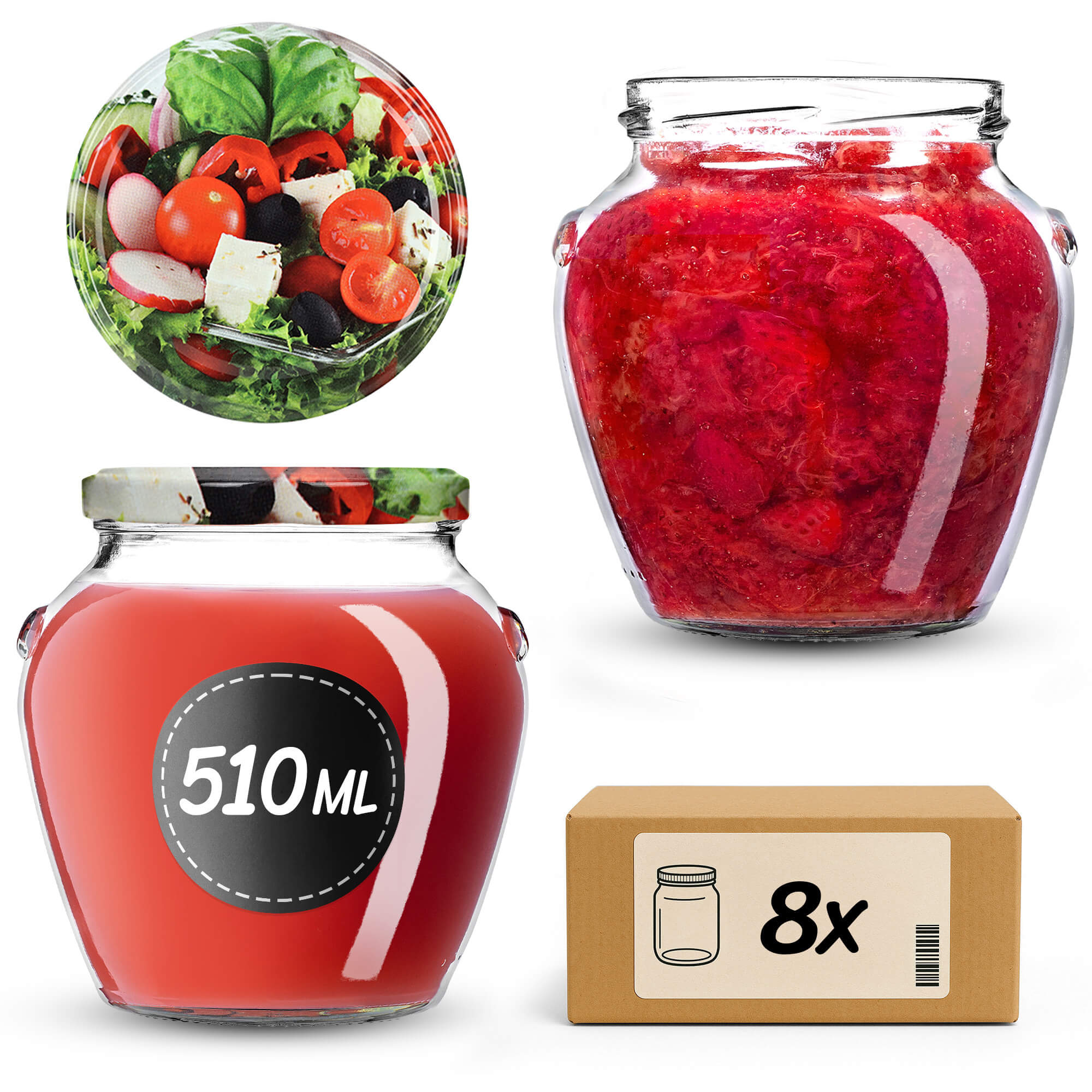 Słoiki na przetwory Sassa 580ml 8szt fi 82 mm + wieczka "Mix warzyw"