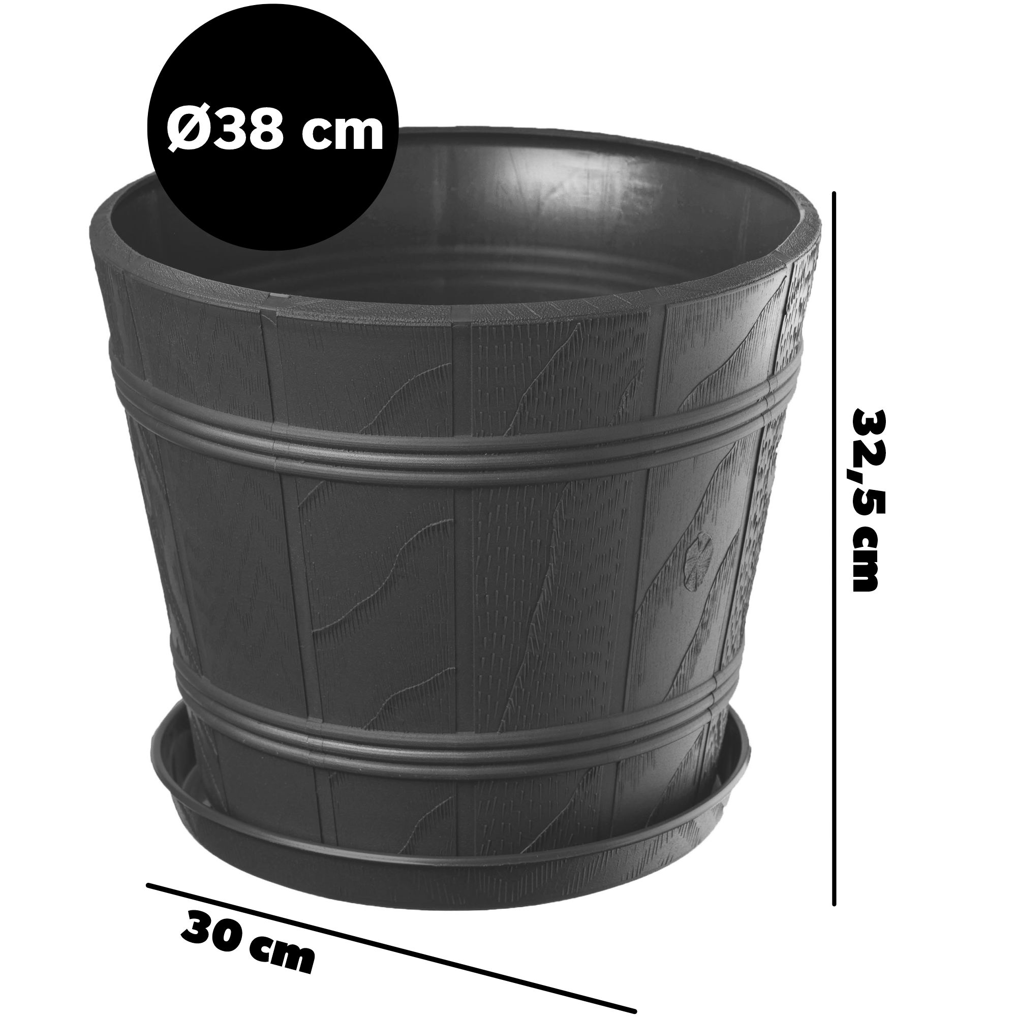 Doniczka drewnopodobna z podstawką Pula 38 cm, grafit