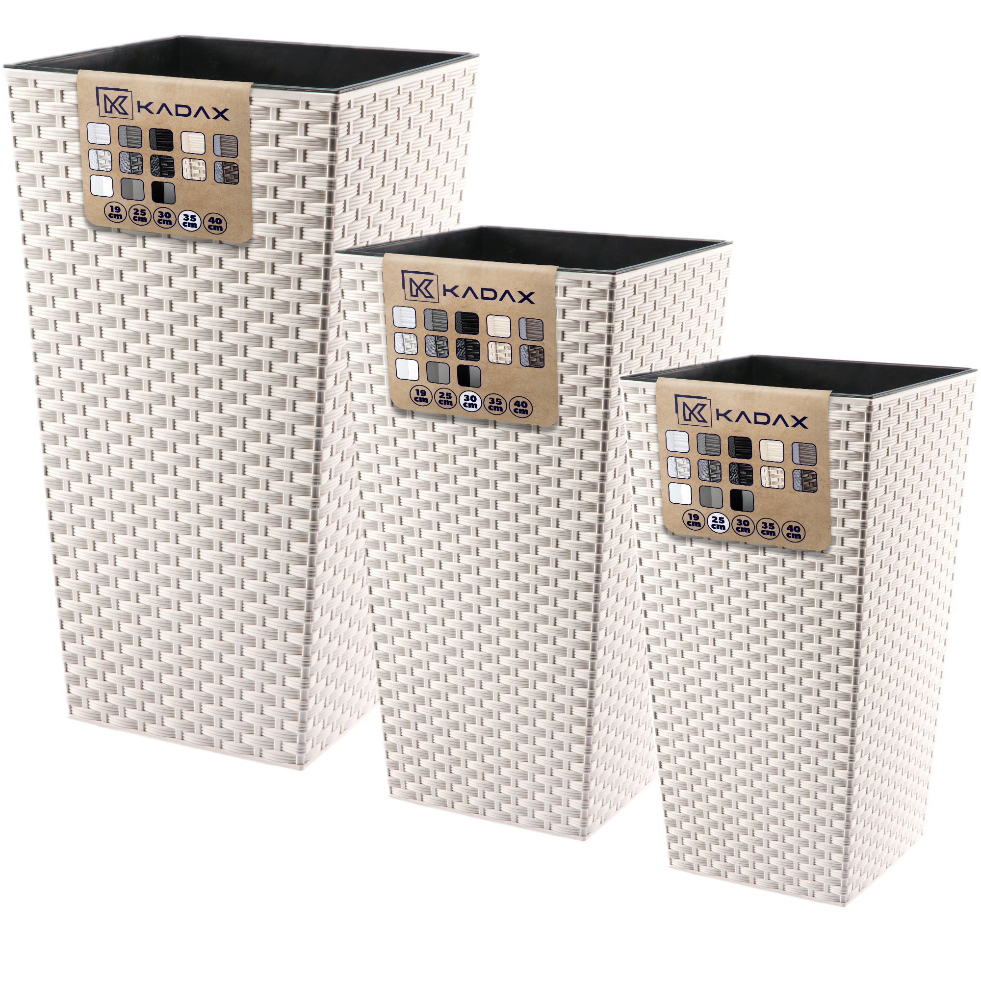 Donice na kwiaty z wkładem Pesaro rattan 25 cm + 30 cm + 35 cm, kremowe