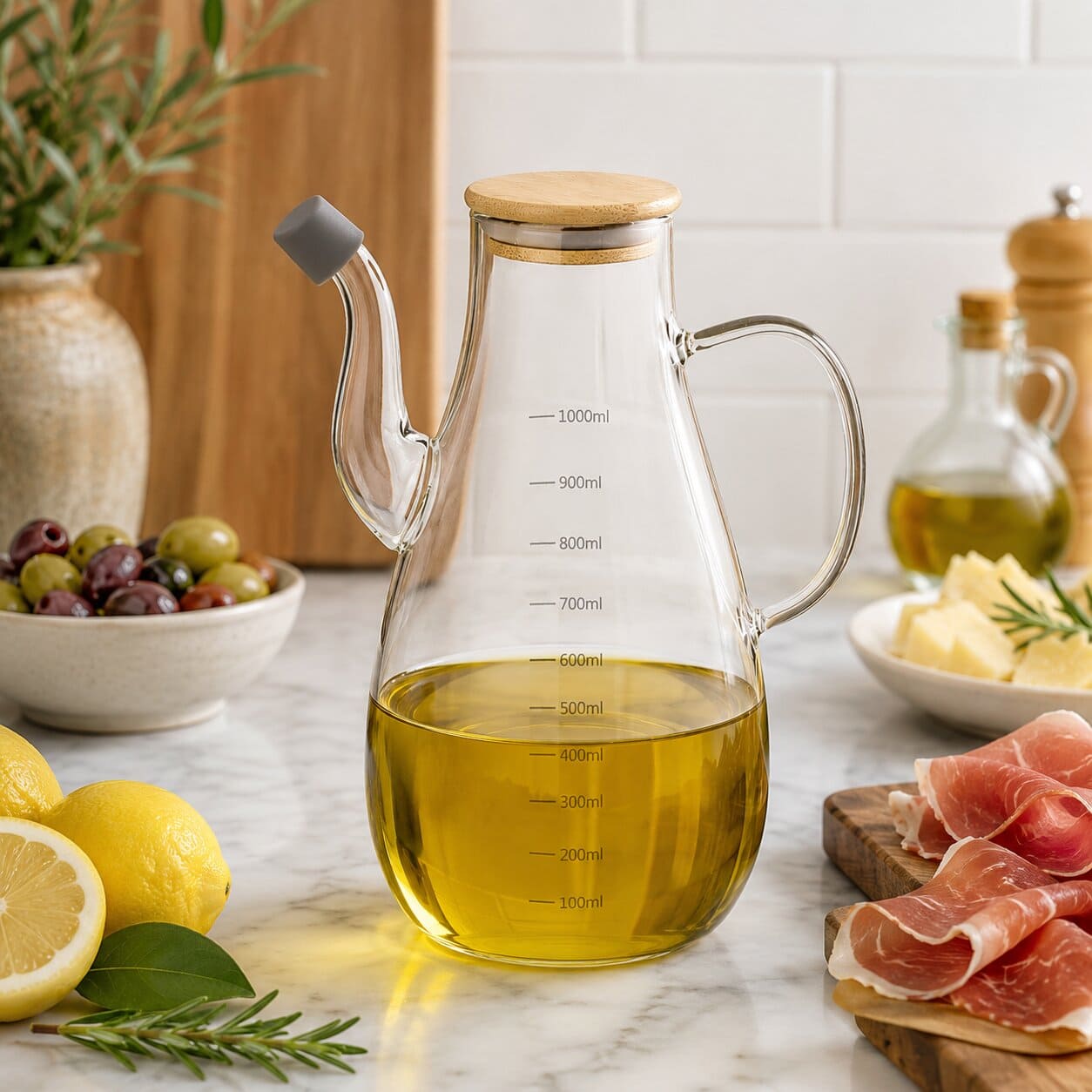 Szklany dzbanek na olej Mellitto z pokrywką i uchwytem 1000 ml