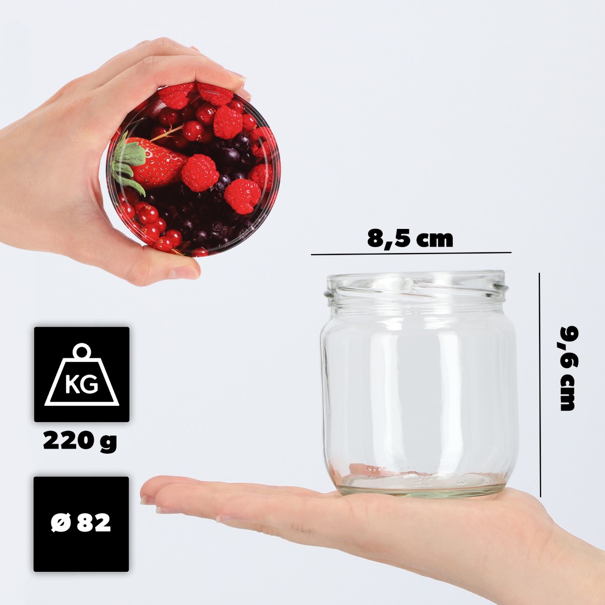 Słoiki na przetwory Salla 425ml 48szt fi 82 mm + wieczka "Owoce leśne"