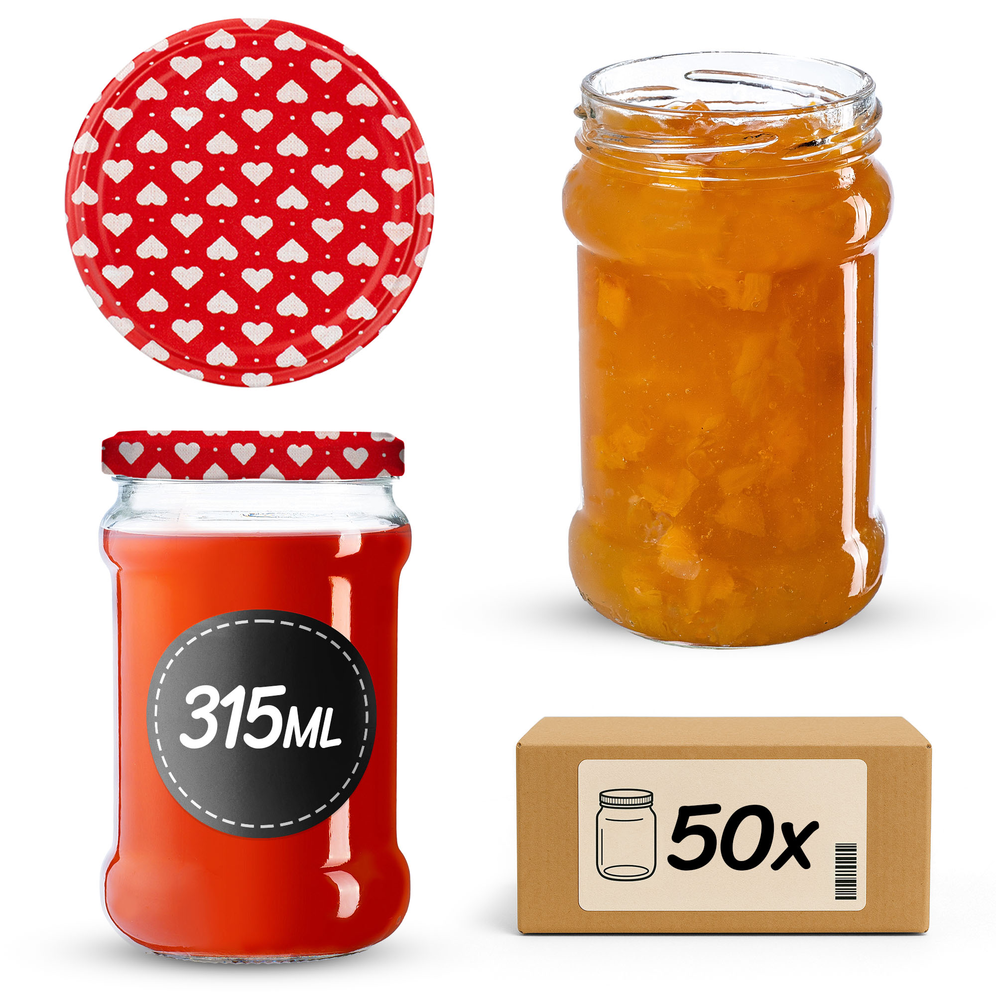 Słoiki na przetwory Seno 315ml 50szt fi 66 mm + wieczka "Serca"