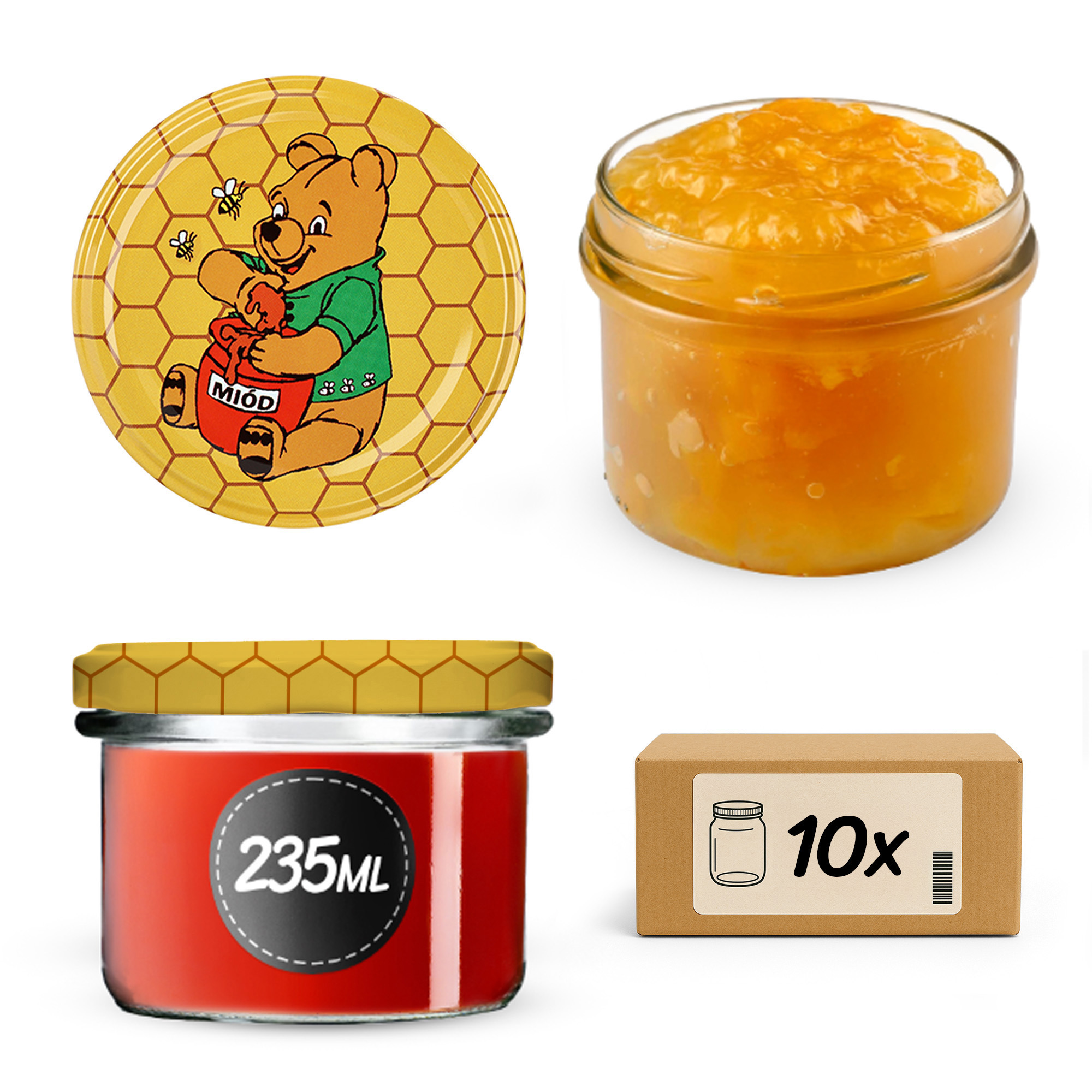 Słoiki na przetwory Tartu 235ml 10szt fi 82 mm + wieczka "Miód"