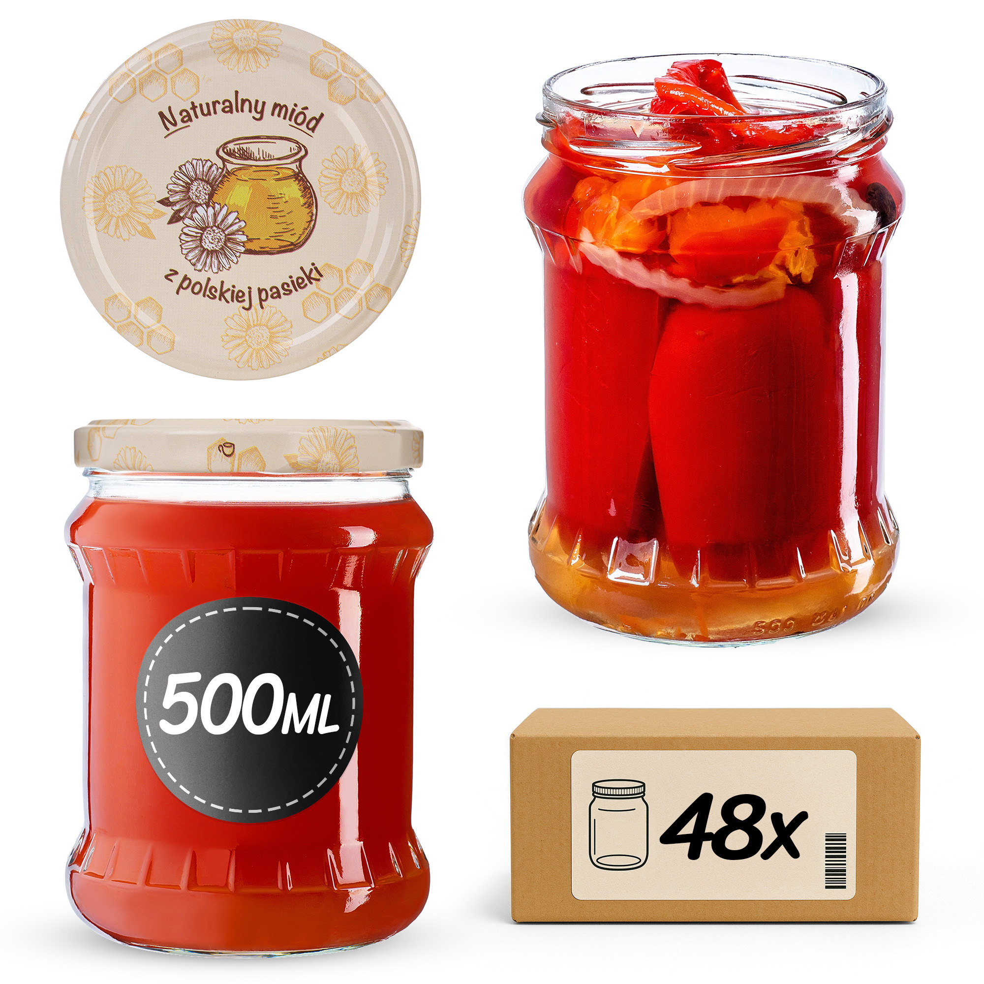 Słoiki na przetwory Kisko 500ml fi 82 mm 48szt + wieczko Miód z pasieki