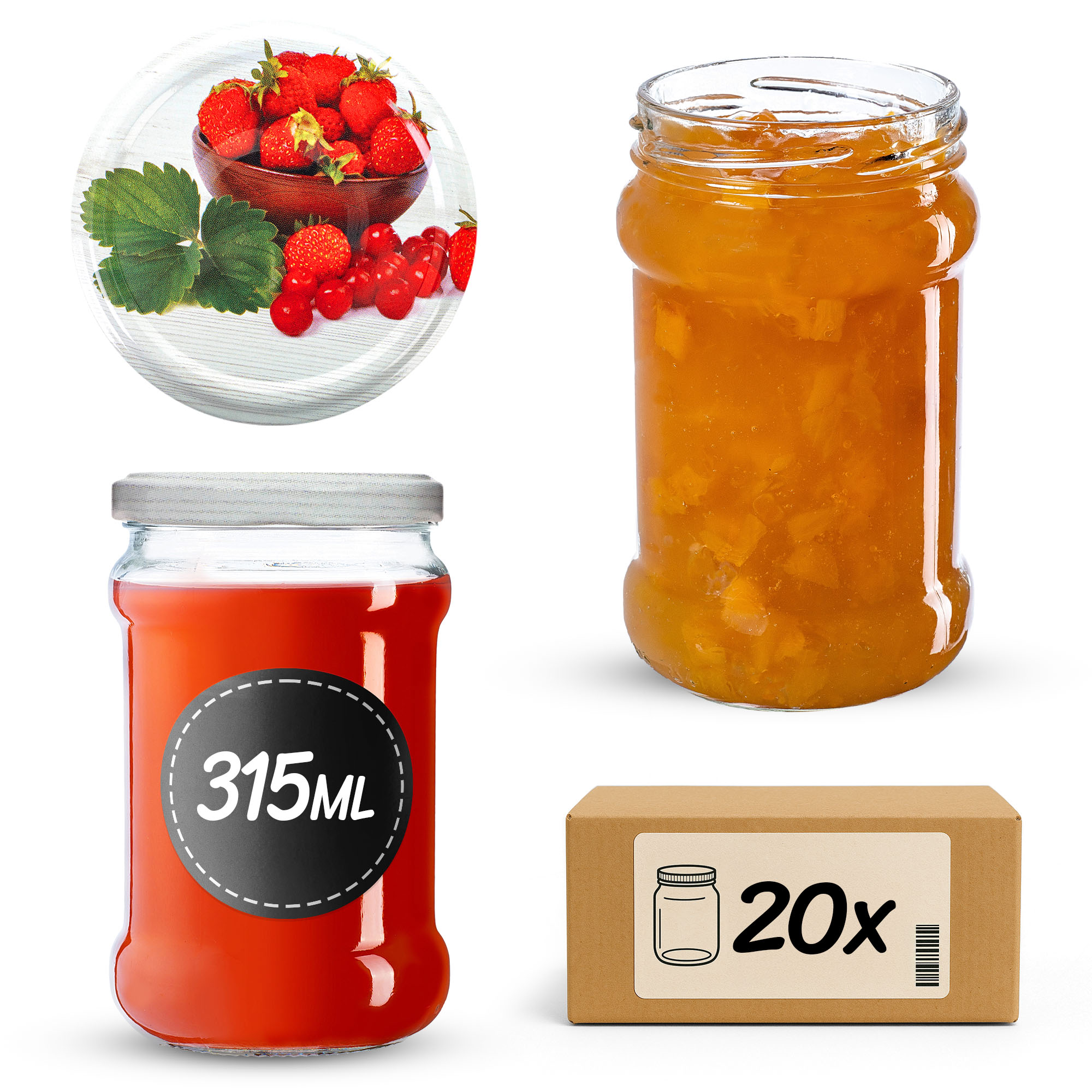 Słoiki na przetwory Seno 315ml 20szt 66mm+ wieczka "Truskawki"