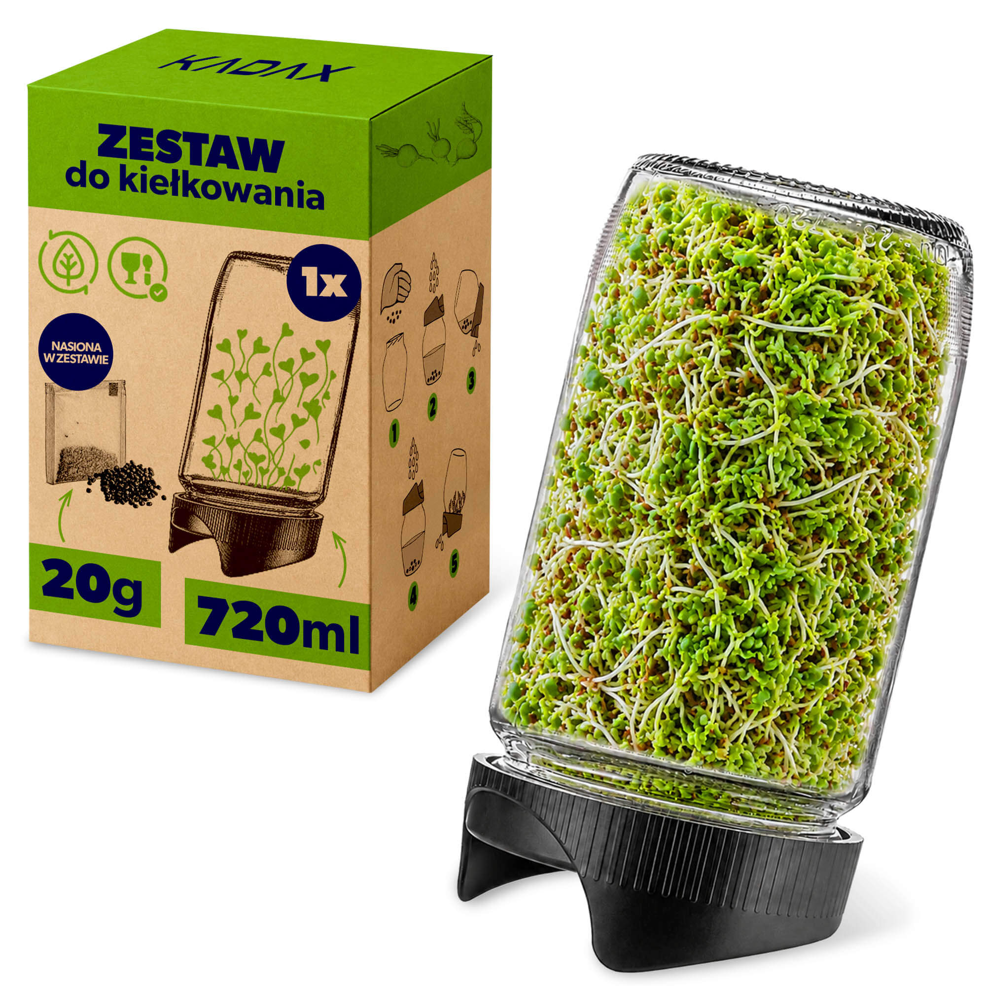 Słój z kiełkownicą Lanavan 720ml 1 szt. + kiełki rzodkiewki 20g