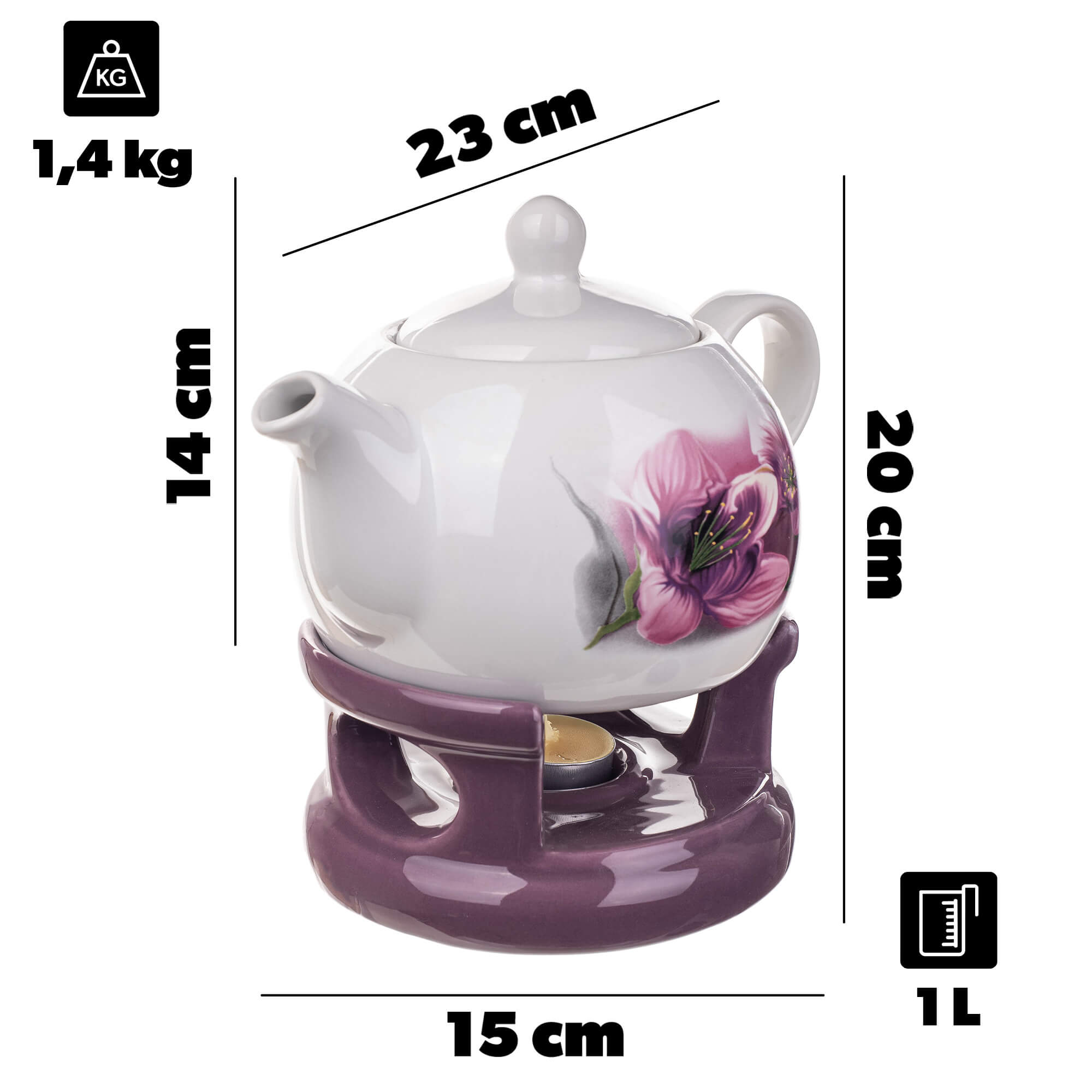Dzbanek ceramiczny z podgrzewaczem Irais 1L biało-fioletowy