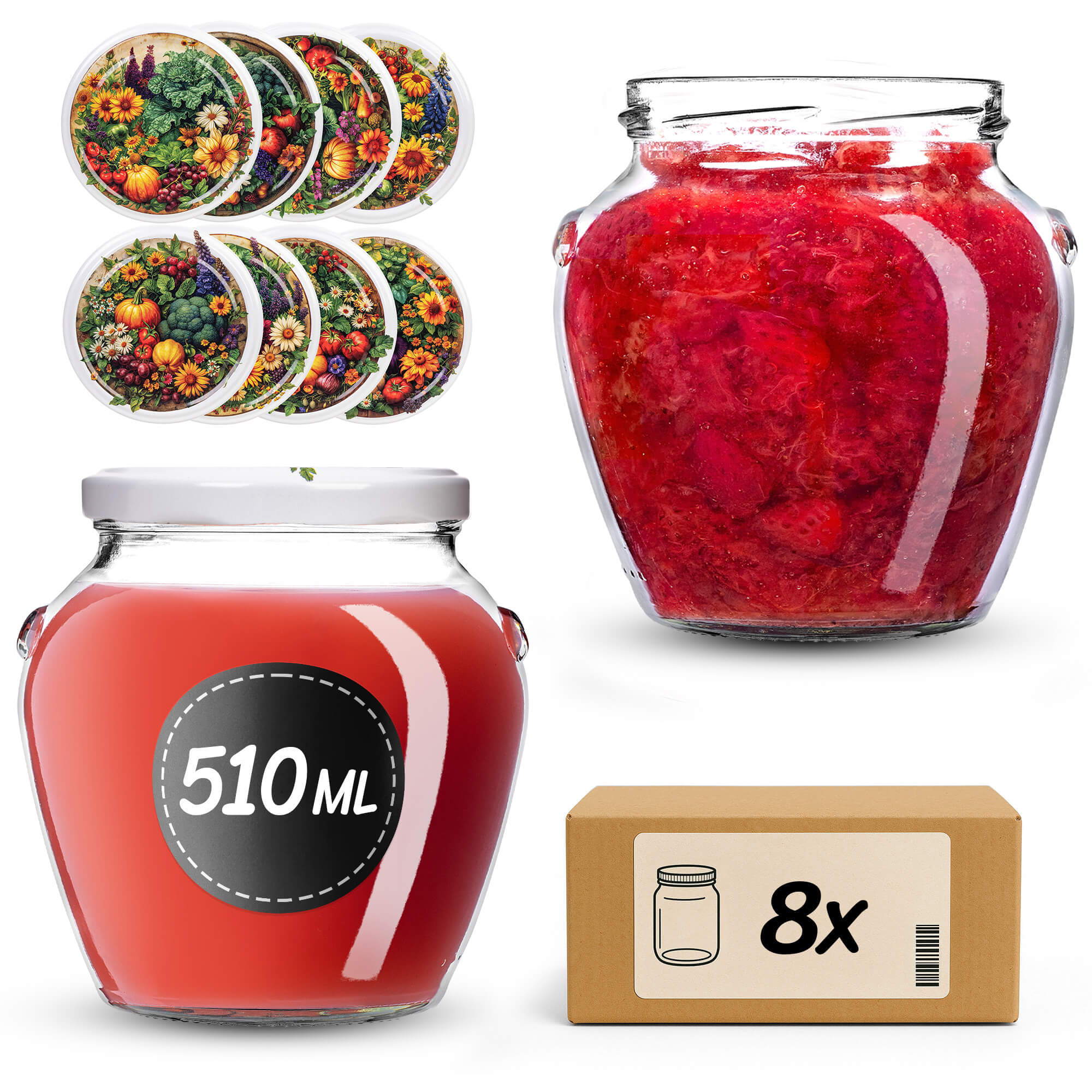 Słoiki na przetwory Sassa 580ml 8szt fi 82 mm + wieczka "Ogród"