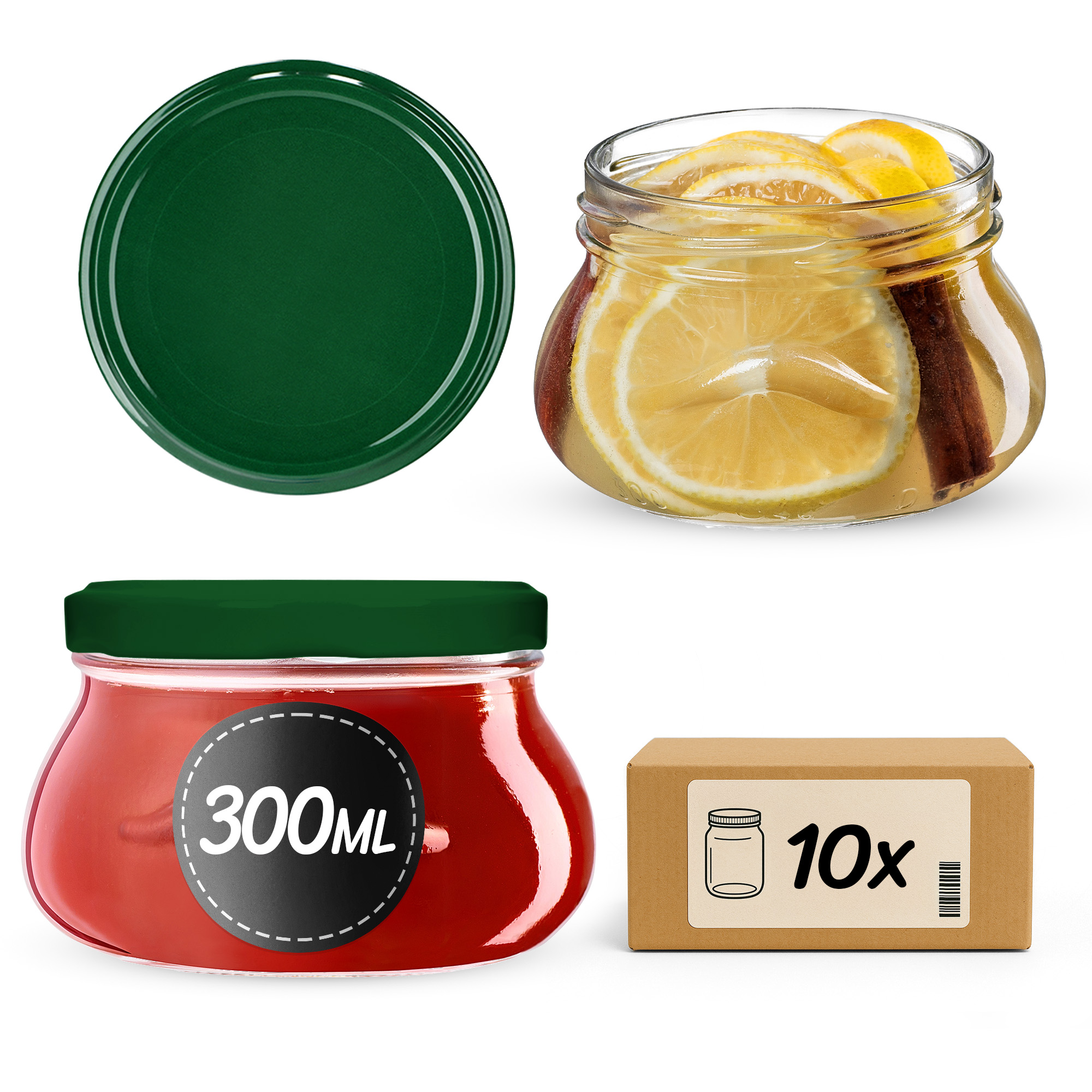 Słoiki na przetwory Raja 300ml 10szt fi 82 mm + wieczka zielone