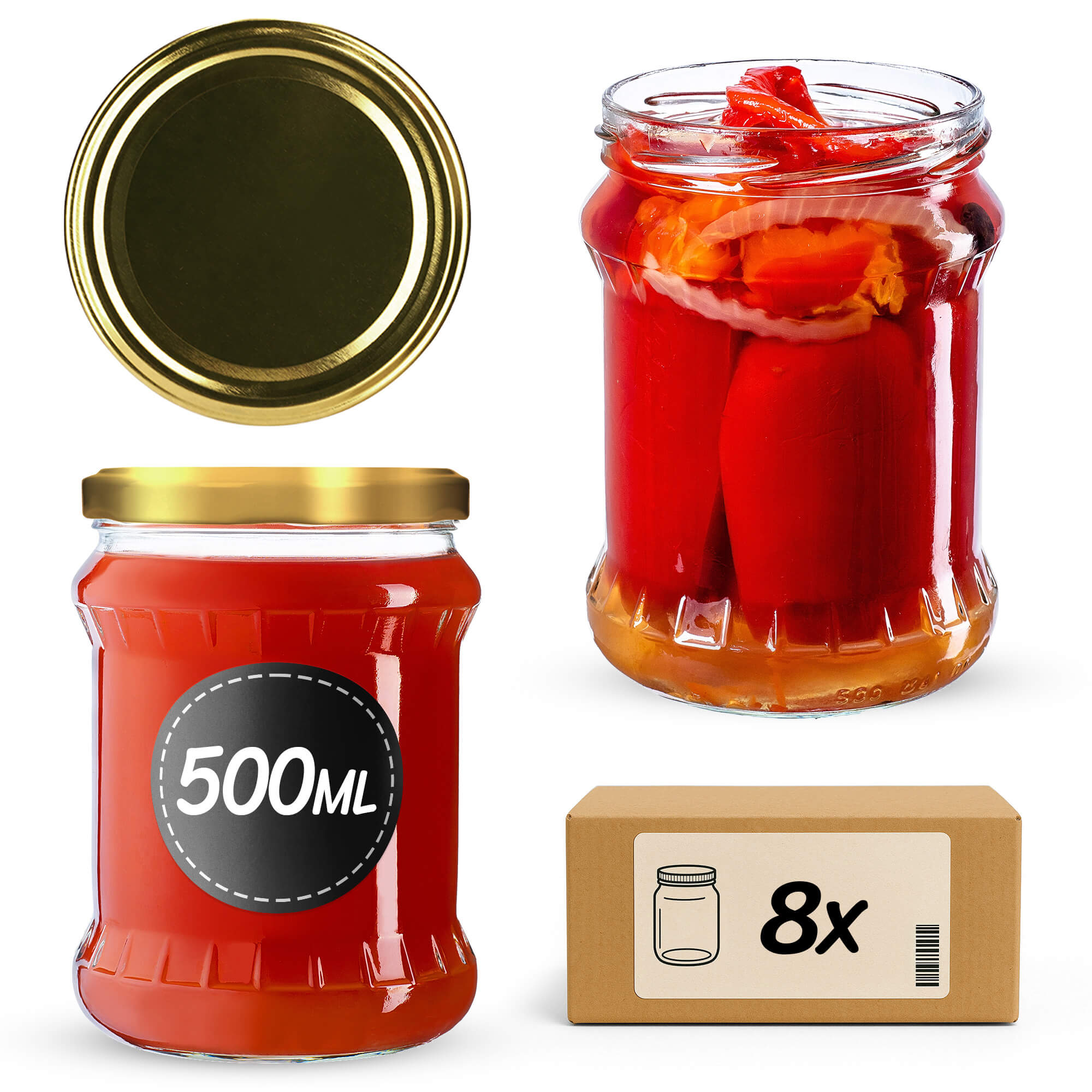 Słoiki na przetwory Kisko 500ml 8szt fi 82 mm + wieczka złote