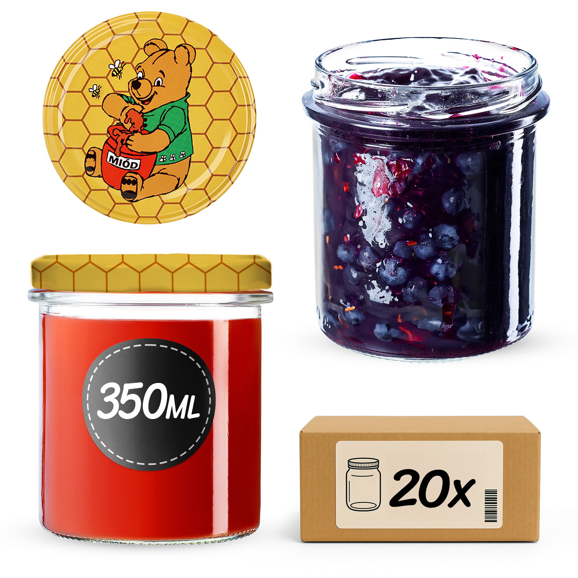 Słoiki na przetwory Avila 350ml 20szt fi 82 mm + wieczka "Miód"