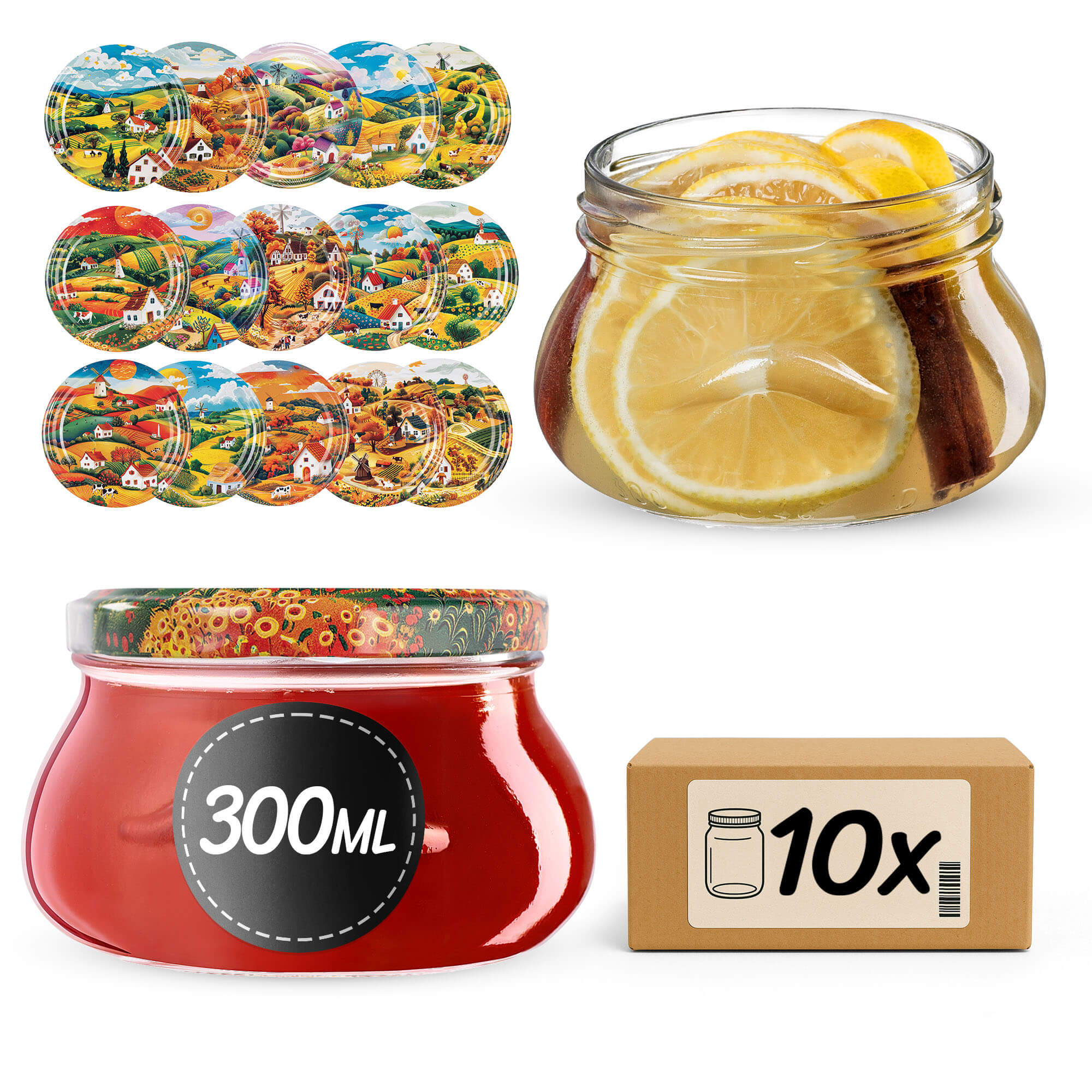 Słoiki na przetwory Raja 300ml 10szt fi 82 mm + wieczka "Wiejski pejzaż"